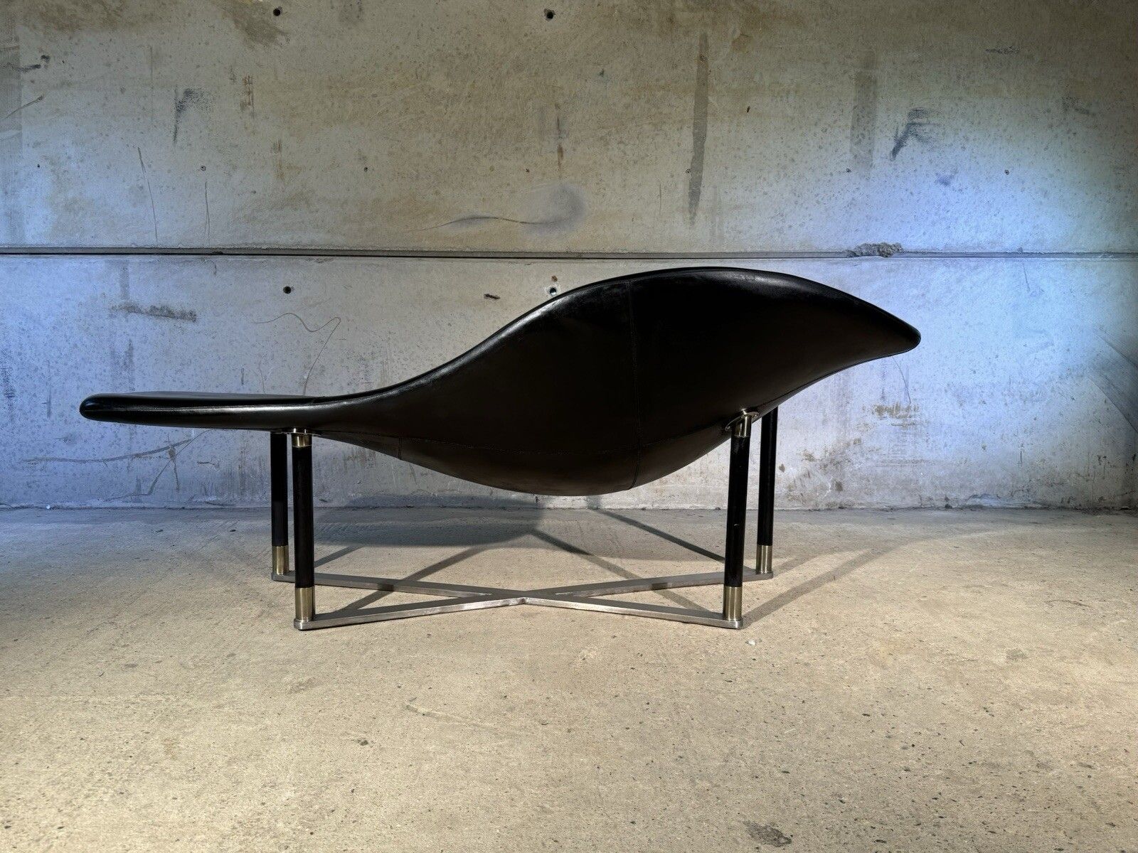Furniture Stunning Contemporary Minimalist Chaise Lounge Black Leather Brass Base #A258 photo