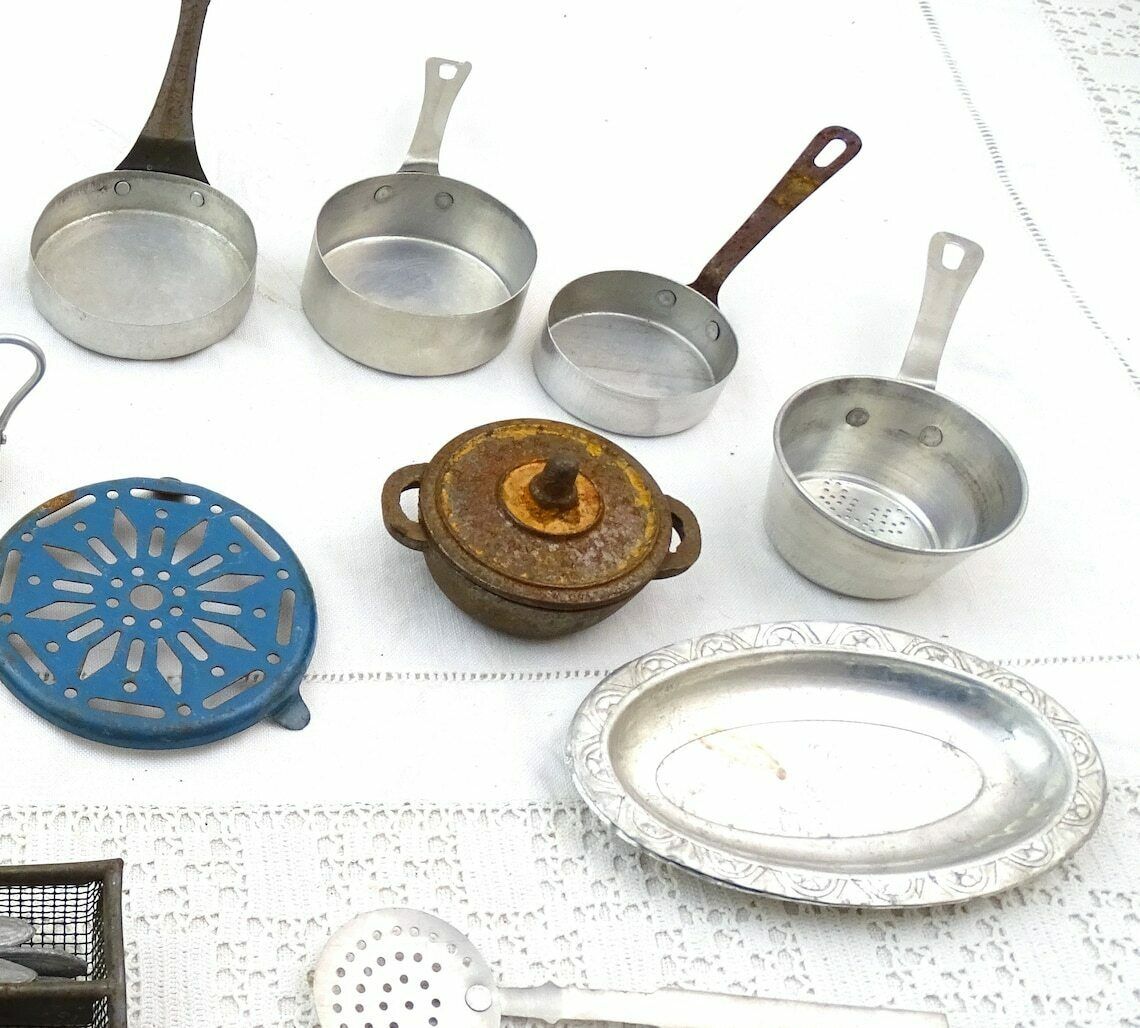 Vintage French Dolls Play Dinner Set With Enamel Trivet, Cutlery And Cast Iron Cooking Pot, Retro Childs Pretend Kitchen Toys, Kids Playing photo furniture