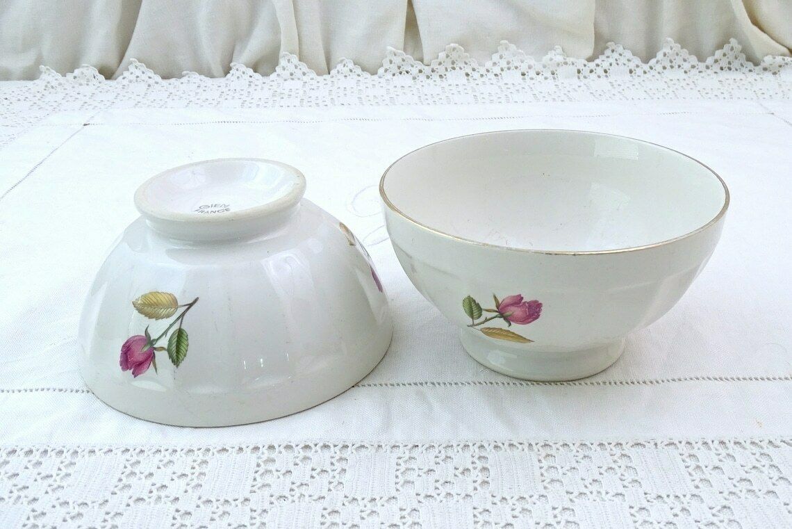 Pair Of 2 Vintage French Gien Coffee Bowls With Pink Rose Flower Pattern, Retro Breakfast Tableware Accessory From France, Country Farmhouse photo for sale