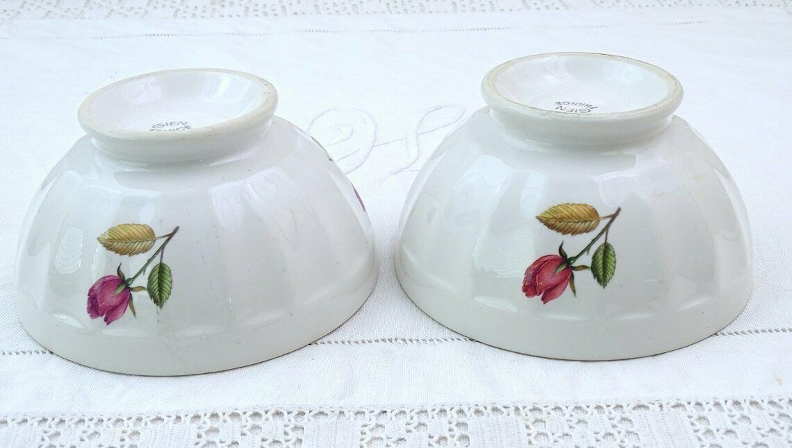 Pair Of 2 Vintage French Gien Coffee Bowls With Pink Rose Flower Pattern, Retro Breakfast Tableware Accessory From France, Country Farmhouse photo Home Decor