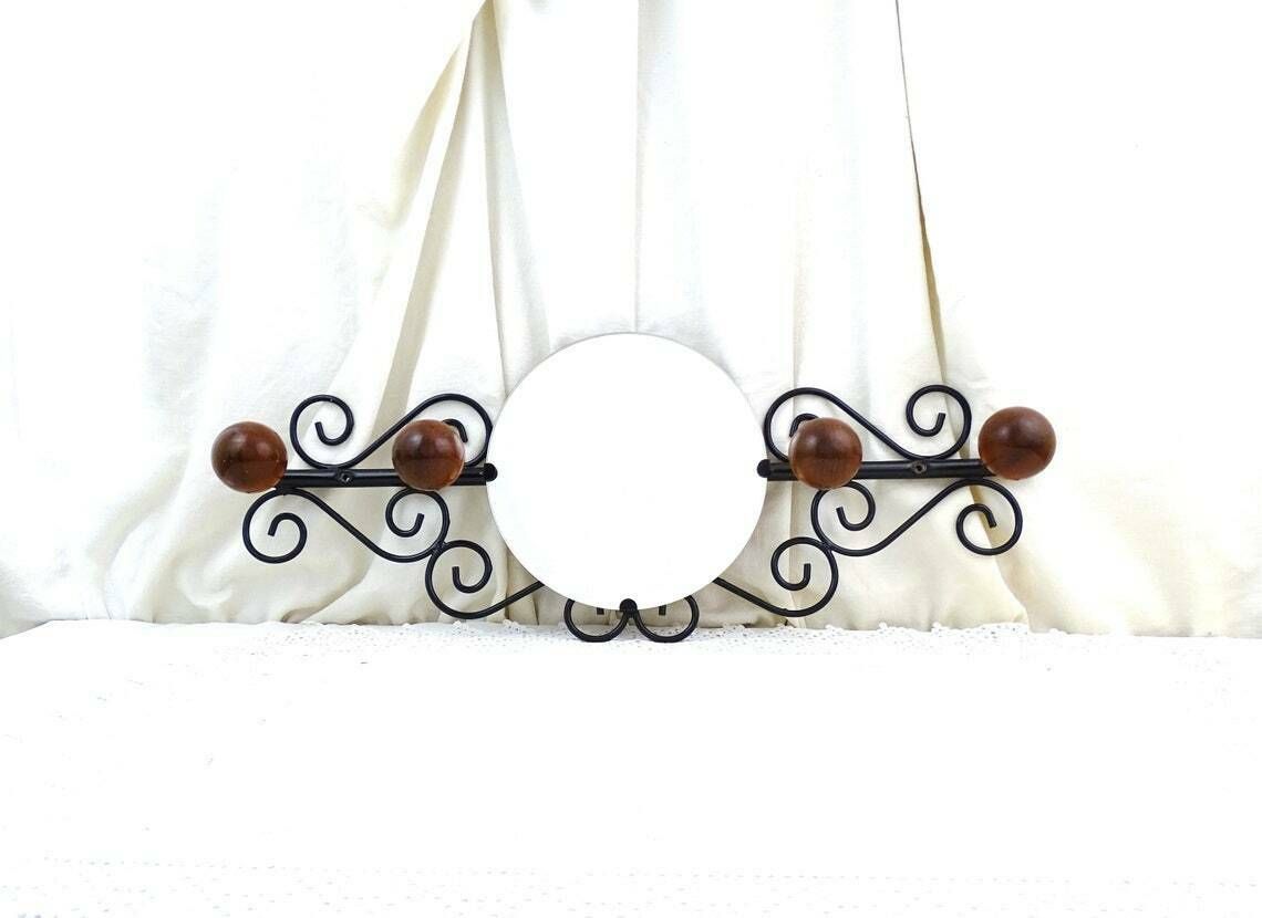 Vintage French Wall Mounted 4 Ball Hook Coat Rack With Round Mirror And Black Forged Metal Frame, Retro 1960s Hall Furniture From France