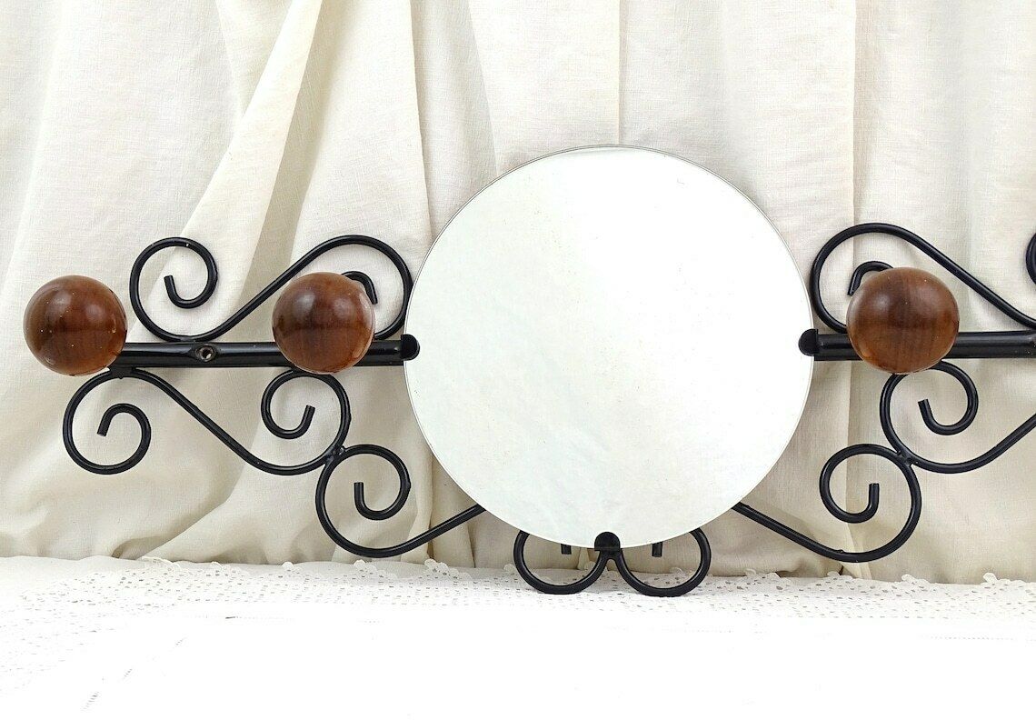 Vintage French Wall Mounted 4 Ball Hook Coat Rack With Round Mirror And Black Forged Metal Frame, Retro 1960s Hall Furniture From France photo for sale