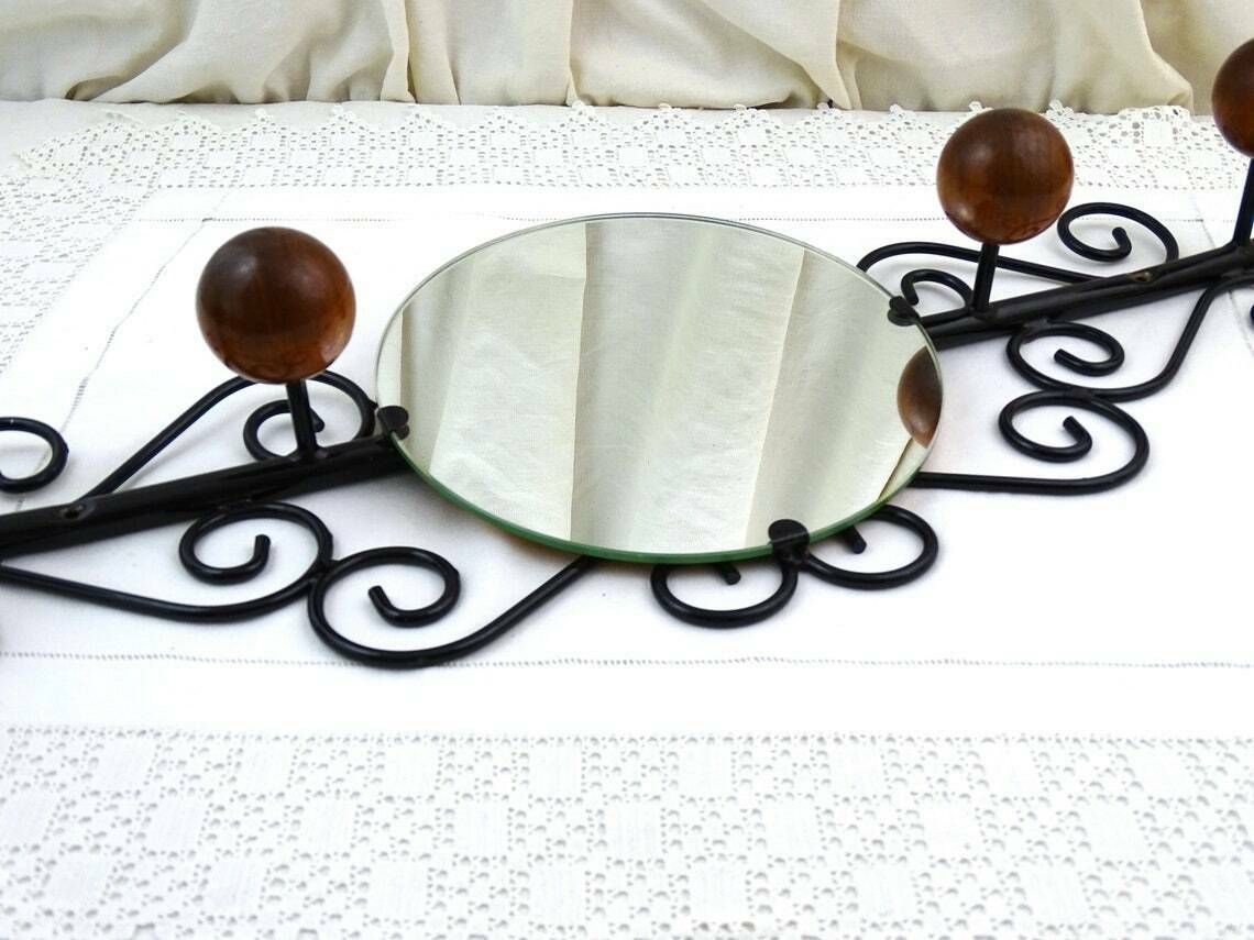 Vintage French Wall Mounted 4 Ball Hook Coat Rack With Round Mirror And Black Forged Metal Frame, Retro 1960s Hall Furniture From France photo Lighting
