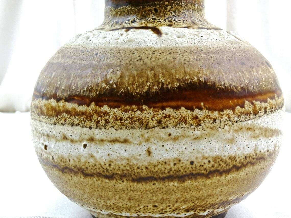 Ronde Vintage Mid Century Tafelvaas Uit West Duitsland Met Bruine Gestreepte Fat Lava Glazuur, Door Carstens Tönnieshof Voor Keramik, Modelnummer 1608 20 photo for sale