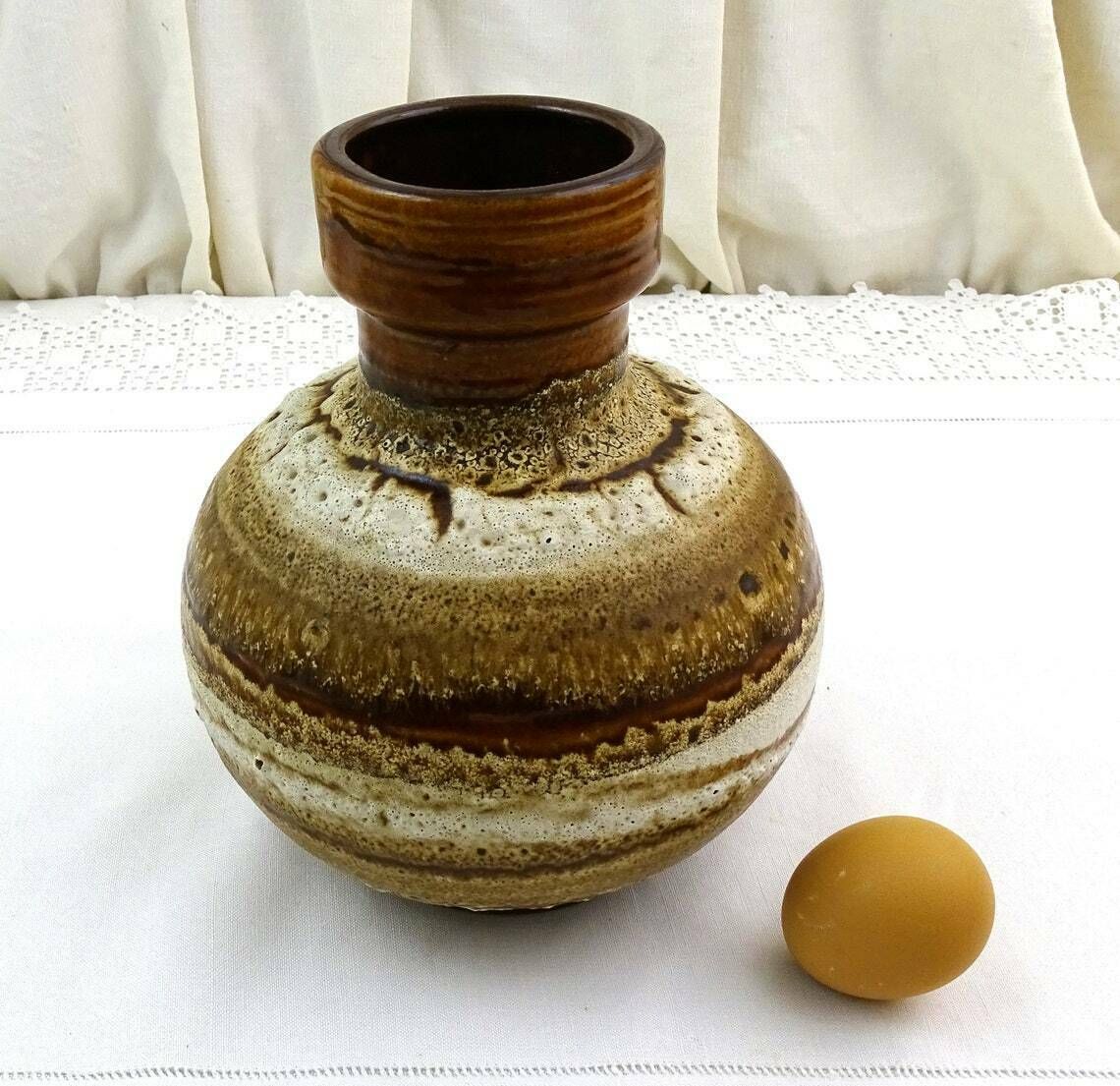 Ronde Vintage Mid Century Tafelvaas Uit West Duitsland Met Bruine Gestreepte Fat Lava Glazuur, Door Carstens Tönnieshof Voor Keramik, Modelnummer 1608 20 photo buy