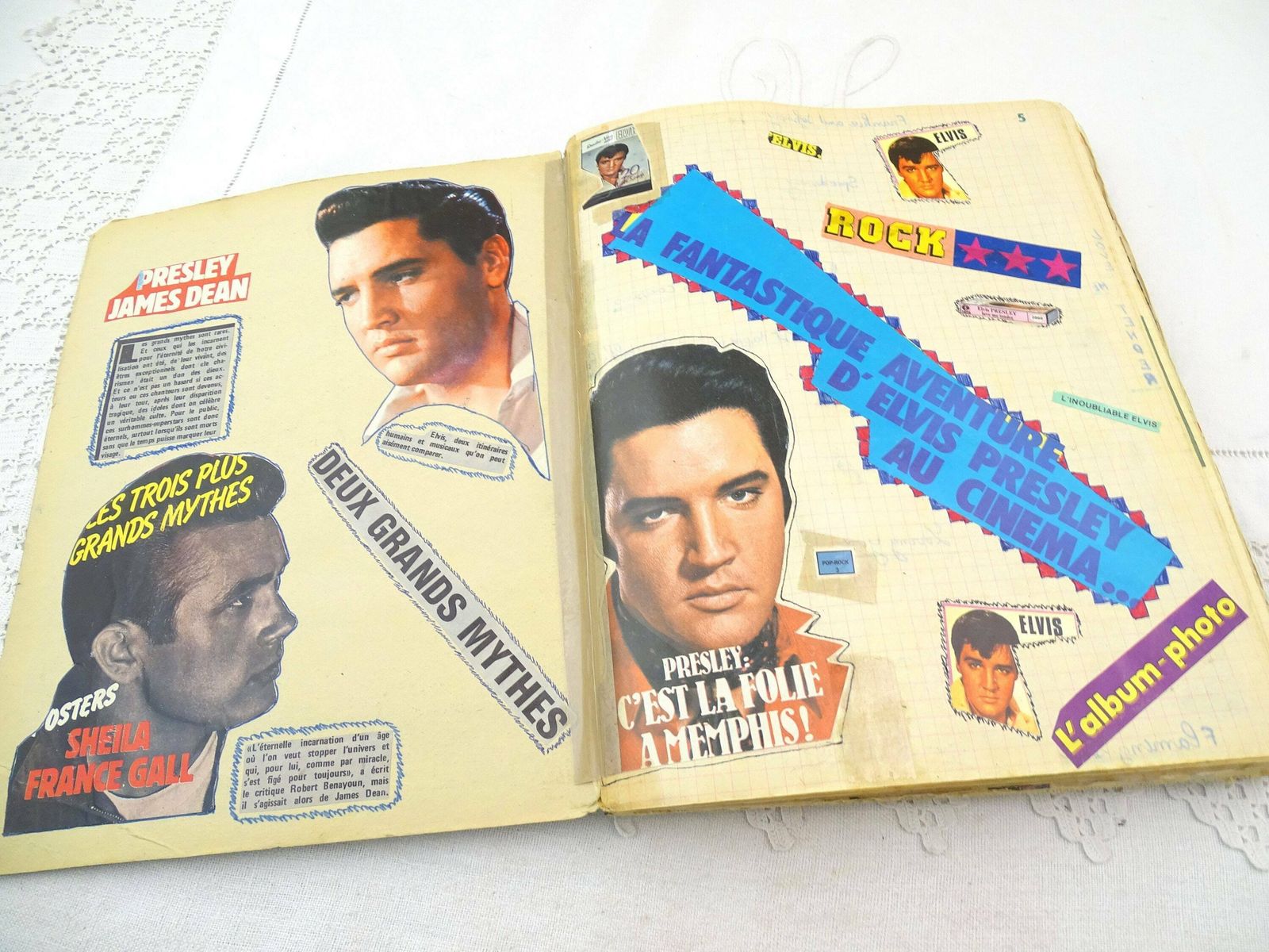 Scrapbook vintage français fait main, Elvis Presley et James Dean, collage rétro unique de coupures de presse, ancienne collection