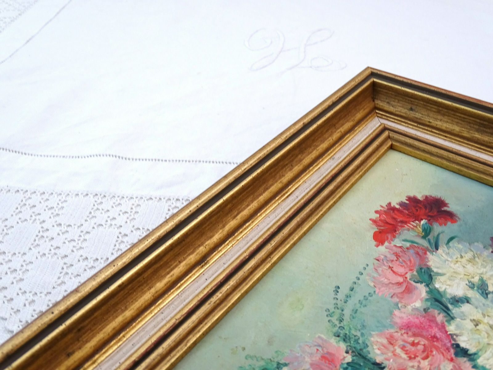 Vintage French Framed Oil Painting Of Carnation Flowers In Vase, Retro Hand Painted Picture Of Pink Red And White Floral Decoration Frame photo vintage