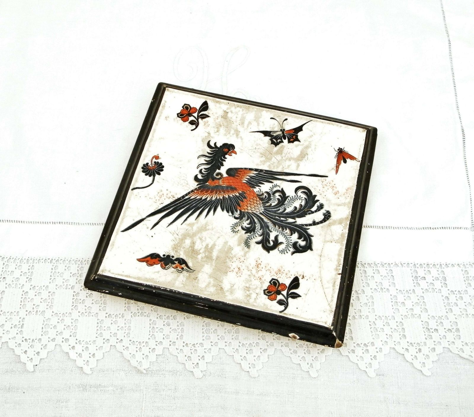 Antique French 19 Th Century Square Ceramic Luneville Kg Hot Mat / Trivet / Heat Plate With A Black Dragon Pattern, Paris Brocante Decor