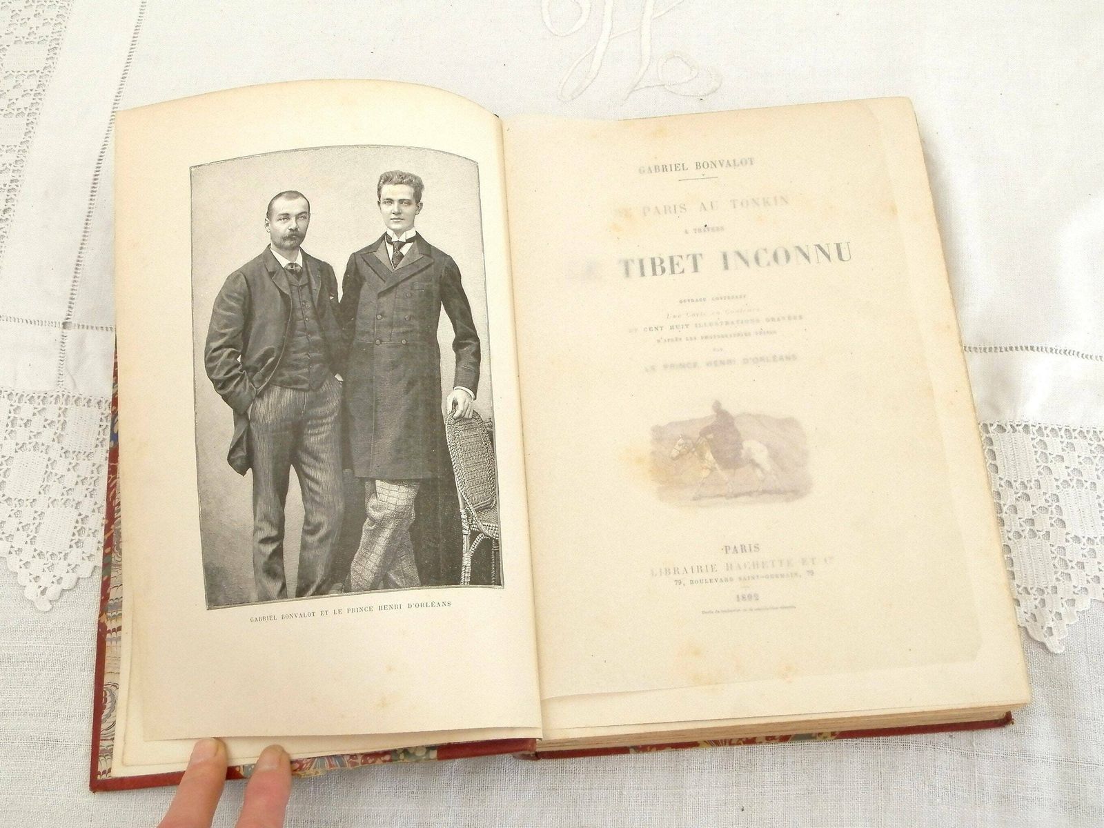 Rare Antique Book In Red Leather And Marbled Paper By Gabriel Bonvalot "De Paris Au Tonkin A Travers Le Tibet Inconnu" 1892 Explorer Map photo furniture