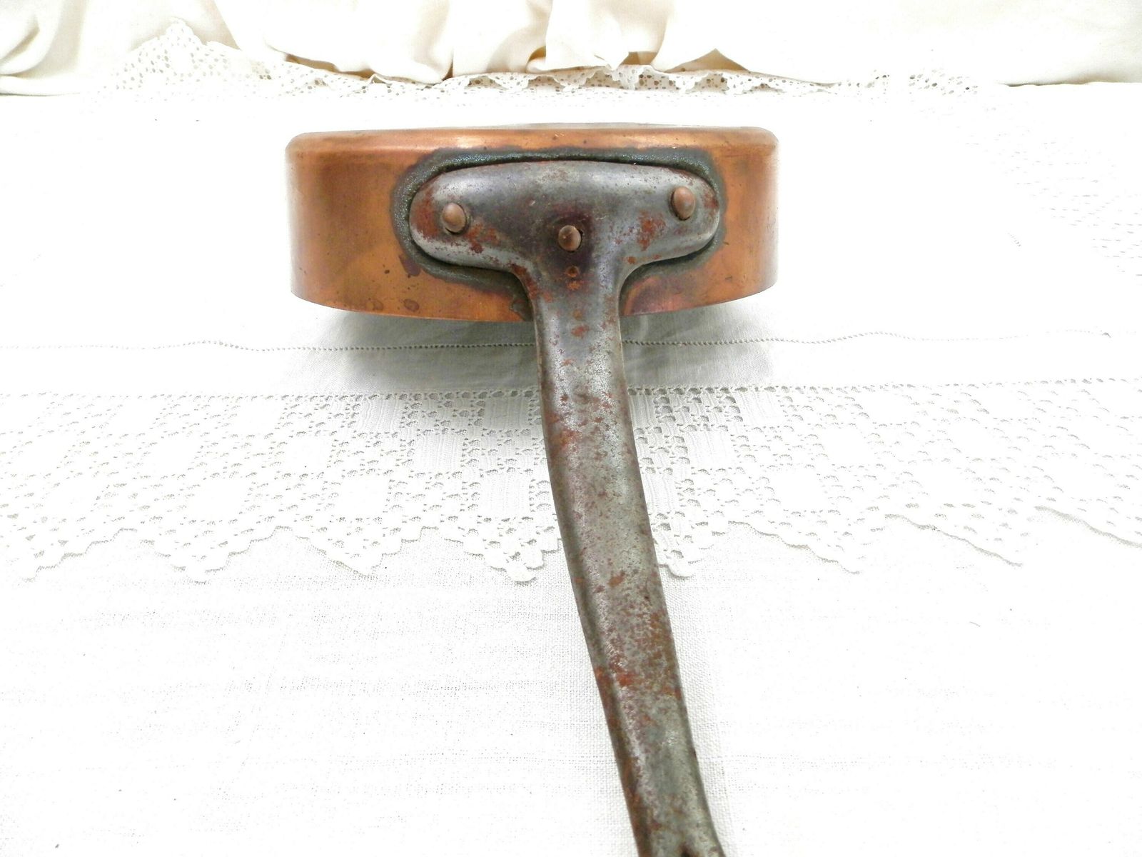 Antique French Saute Pan Copper And Tin Lined Cast Iron Handle, Retro Old Chefs Cooking Fry Pan From France, Shabby Chateau Kitchen Cooking photo buy