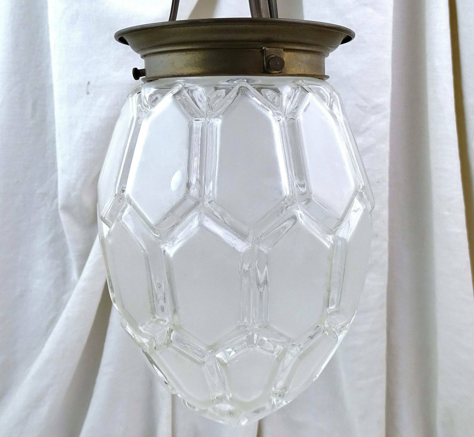 Antique French Art Deco Glass Pendant Ceiling Frosted Glass Light Shade With Geometric Pattern And Brass Fittings, Retro 1930s Light France photo Lighting