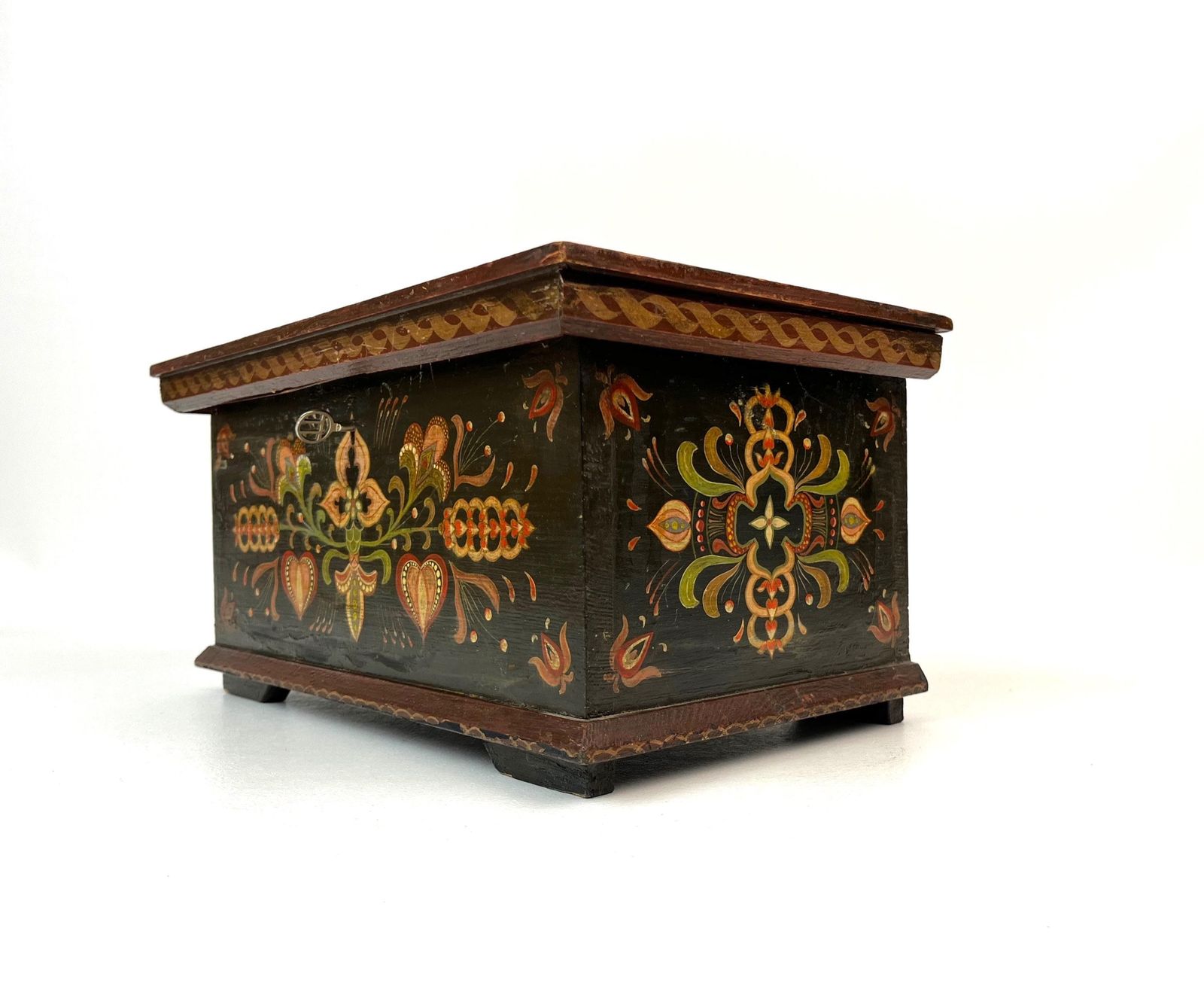 Stunning Antique Black Forest Hand Painted Wooden Jewelry Box Germany 1850 photo vintage