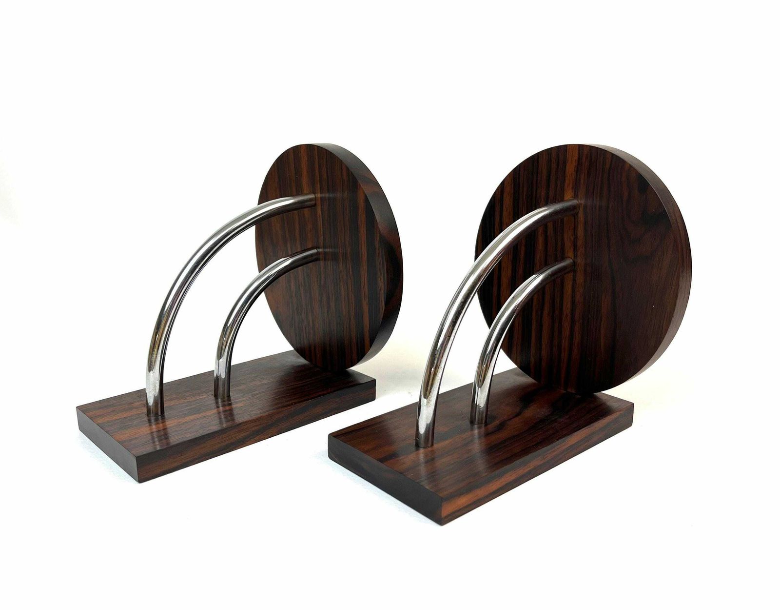 Stunning Bauhaus Art Deco Avantgarde Geometric Cubist Pair Rosewood Chrome Bookends photo 400.0