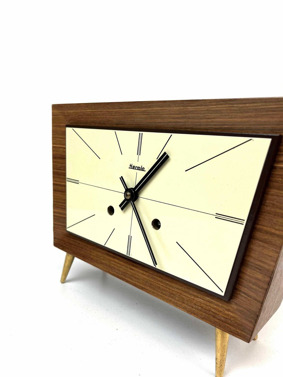 Rare Minimalist Mid Century Teak Desk Clock By Hermle Germany 1960 photo vinterior