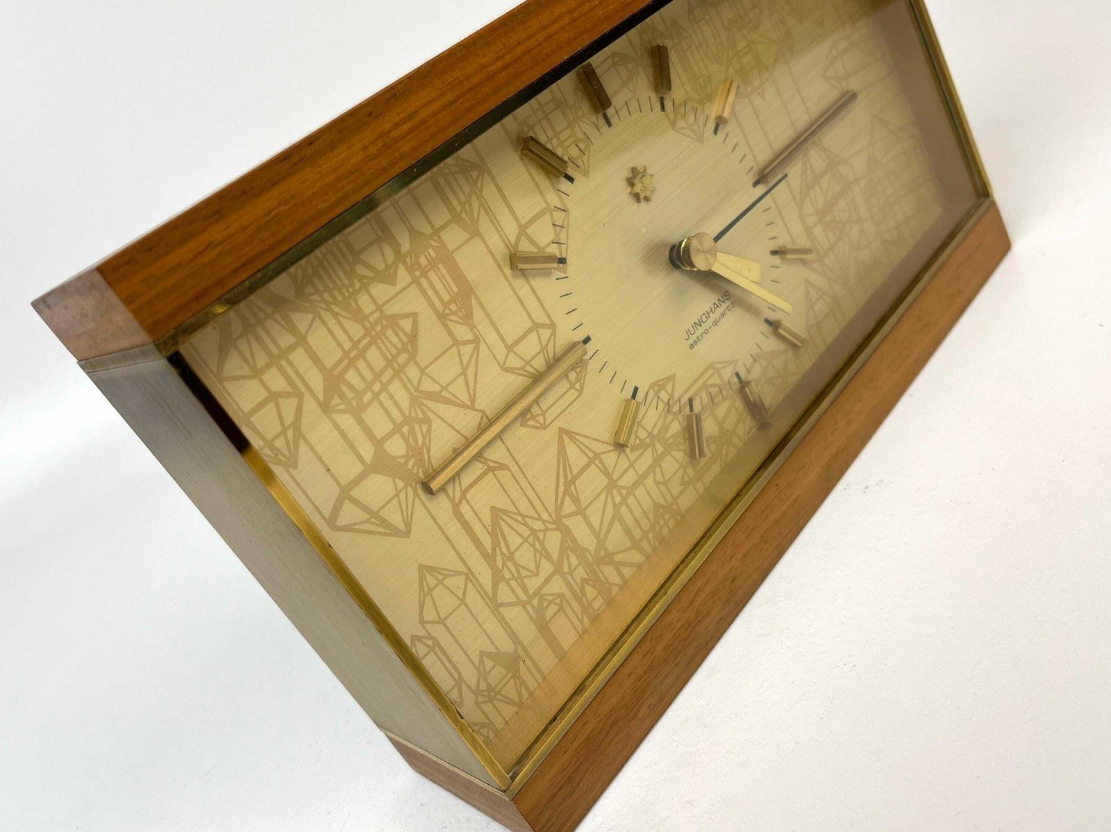 Stunning Mid Century Teak & Brass Desk Clock By Junghans Astro Quartz Germany 1960 photo Home Decor