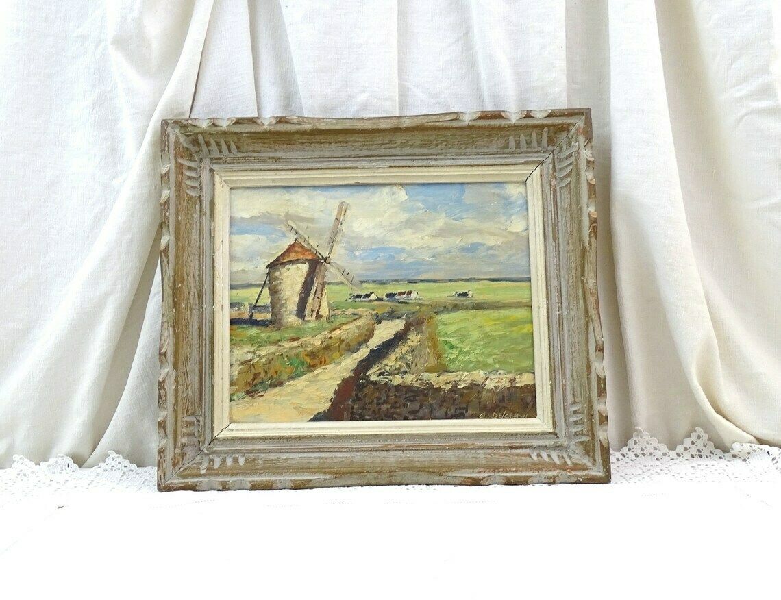 Vintage Hand Painted Framed Oil Painting Windmill In Countryside Retro 1950s Countryside Picture With Wooden Frame Mid Century Wall Art