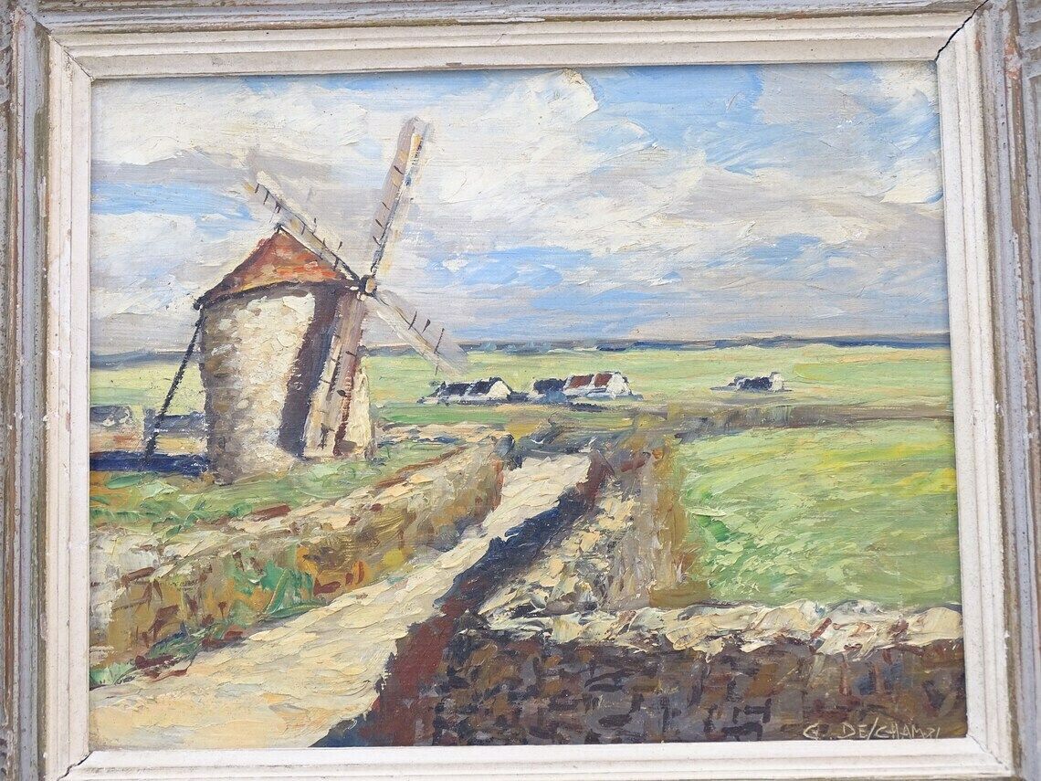 Vintage Hand Painted Framed Oil Painting Windmill In Countryside Retro 1950s Countryside Picture With Wooden Frame Mid Century Wall Art photo vinterior