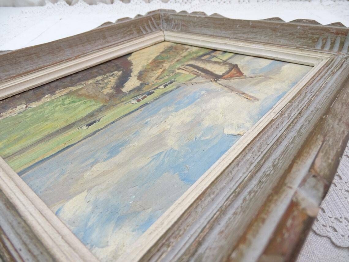 Vintage Hand Painted Framed Oil Painting Windmill In Countryside Retro 1950s Countryside Picture With Wooden Frame Mid Century Wall Art photo vintage