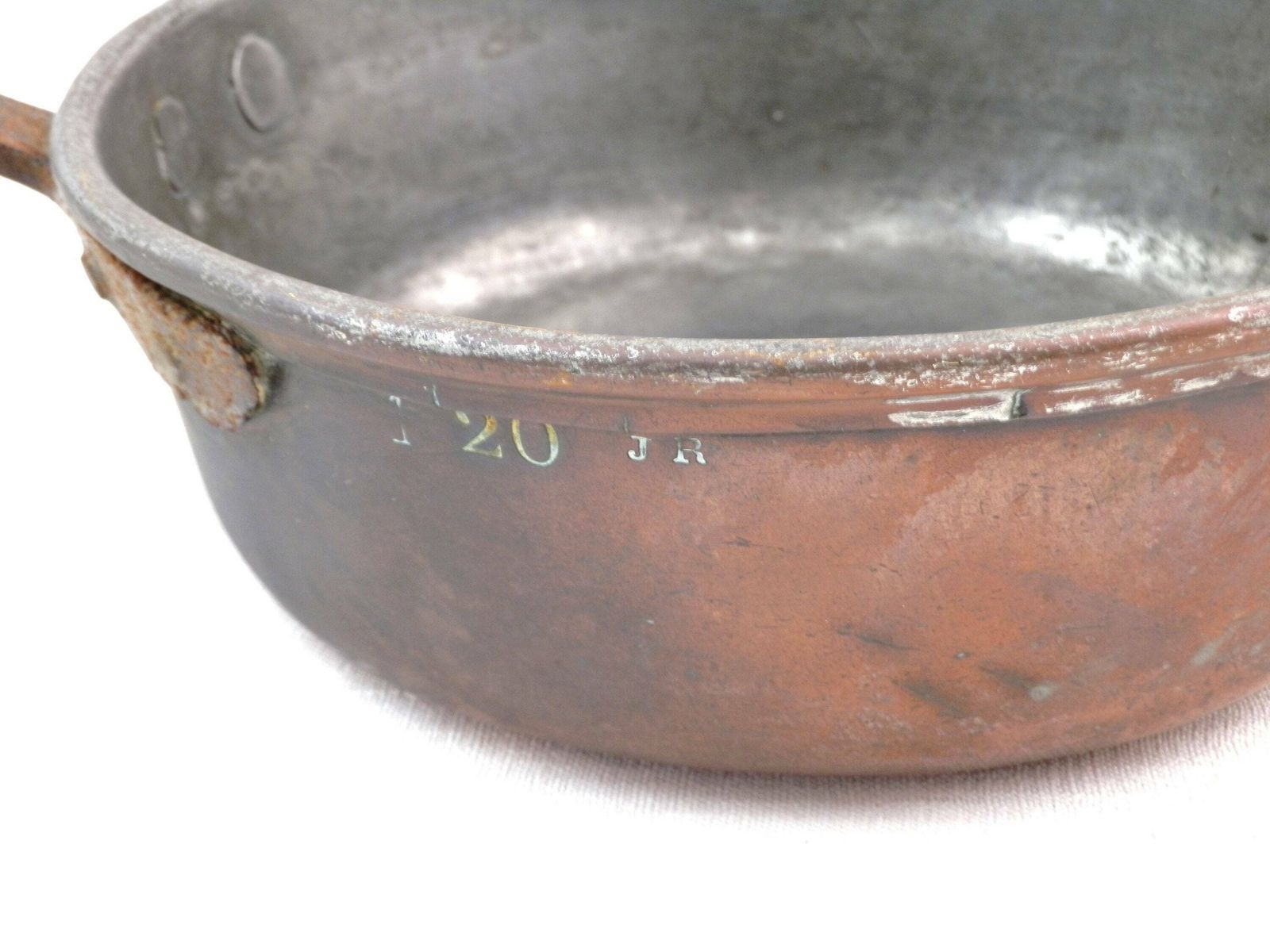 French Antique 19th Century Tin Lined Copper Cooking Pan 20 By Jr With Forged Iron Handle, Vintage Country Chateau Kitchenware From France photo for sale