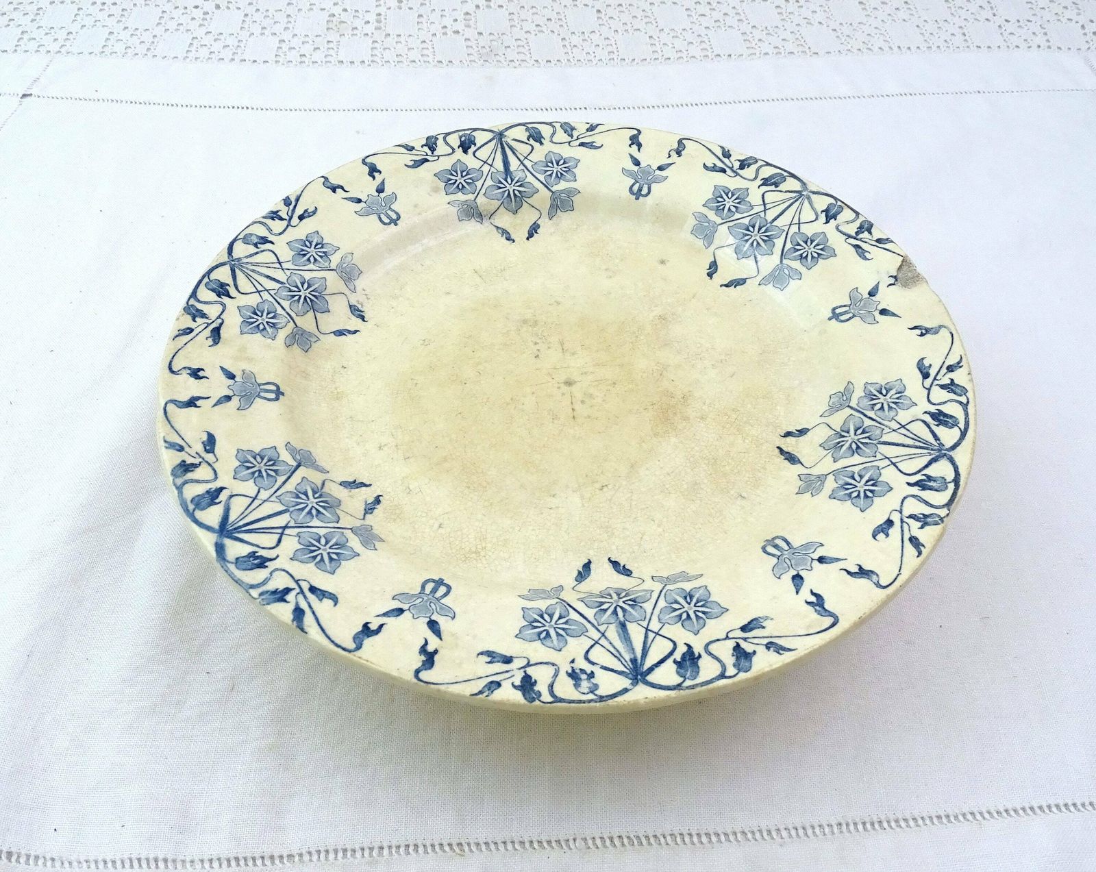 Antique French Ironstone Ceramic Comport Dish Porcelaine Opaque De Gien Terre De Fer Flower Pattern, Pedestal Cake Stand / Fruit Bowl photo furniture
