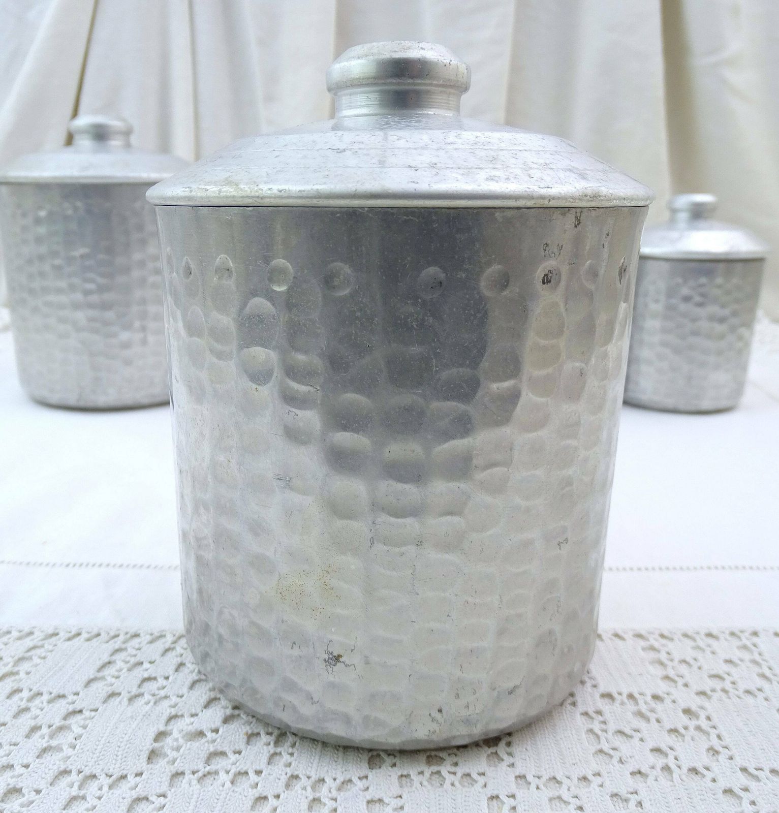 Antique French 4 Piece White Metal Canister Set With Brass Labels And Hammered Textured Sides, Retro Country Farmhouse Kitchen Decor France photo buy