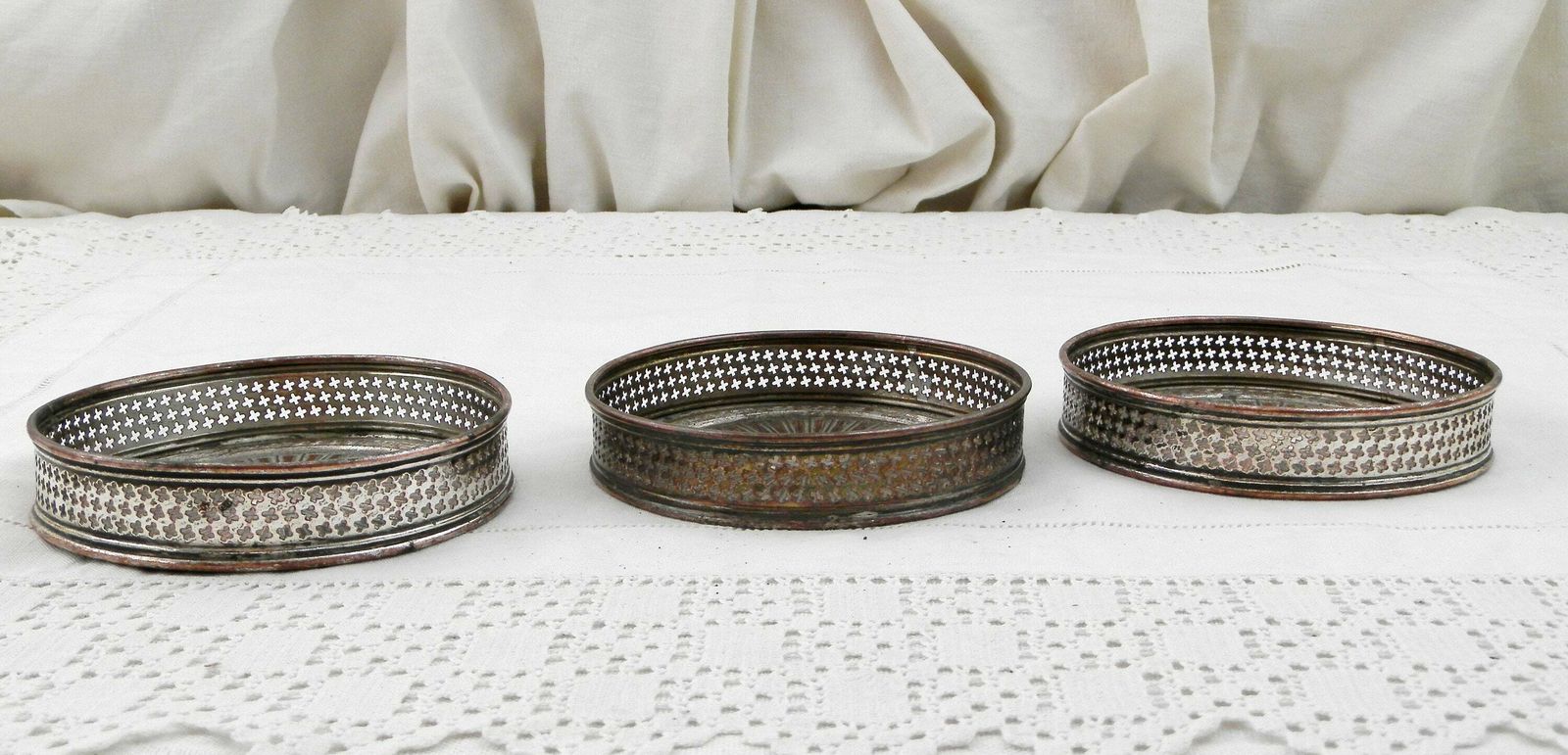 Set Of 3 Antique French 19th Century Silver Plated Wine Bottle Coasters, Shabby Chateau Chic Dinner Tableware, Brocante Parisian Decor photo for sale