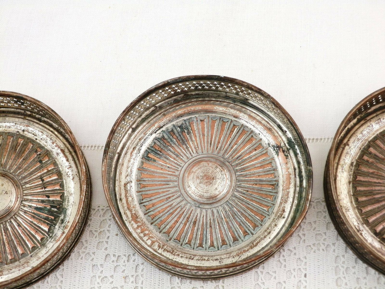 Set Of 3 Antique French 19th Century Silver Plated Wine Bottle Coasters, Shabby Chateau Chic Dinner Tableware, Brocante Parisian Decor photo Home Decor