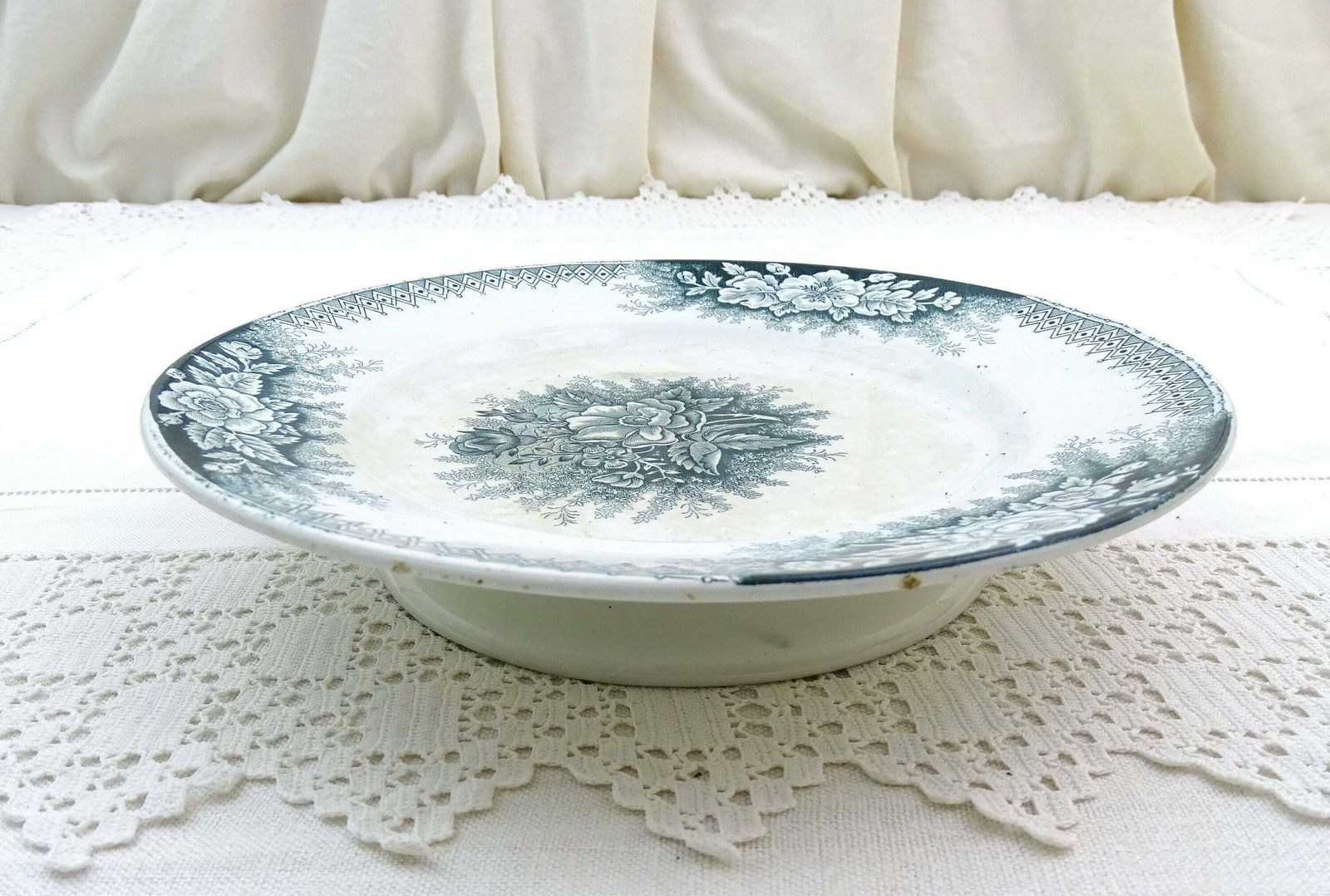 Antique French Ceramic Footed Cake Stand By St Amand From The Jardiniere Range With Rose Flower Pattern In Teel Blue, Pottery Tazza Dish photo furniture