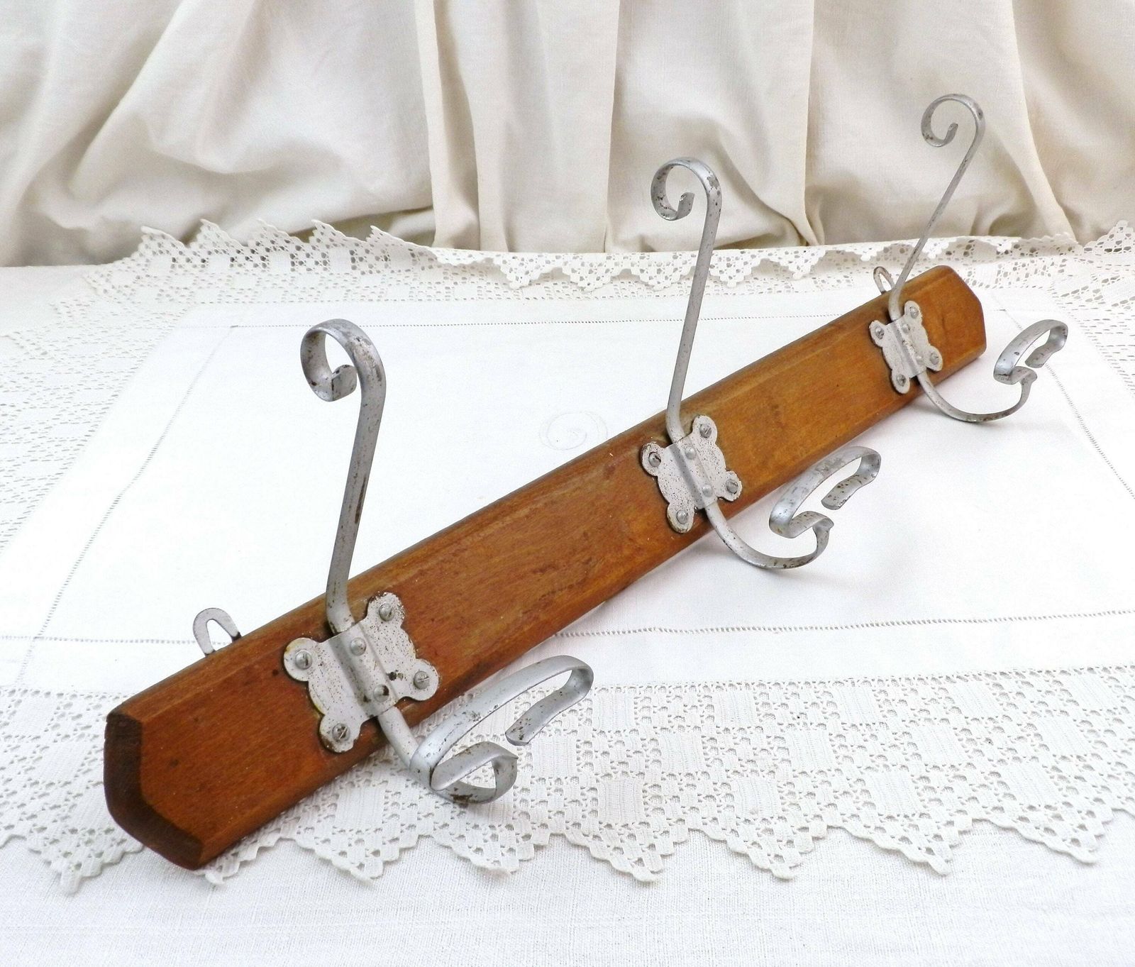 French Antique 3 Hook Coat And Hat Rack Made Of Wood And Metal, Country Farmhouse Entrance Clothes Fixture, Bathroom Accessory From France photo furniture