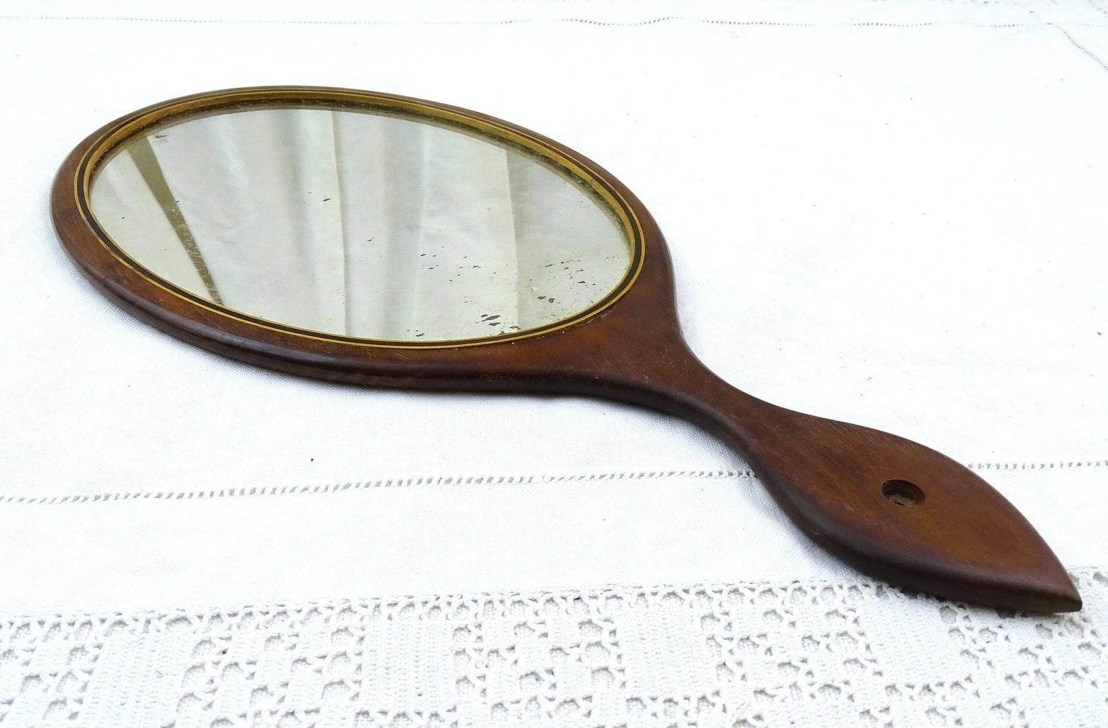 Large Antique French Wooden Distressed Oval Vanity Hand Mirror, Retro Boudoir Accessory From France, Old Make Up Looking Glass Made Of Ebony photo Home Decor