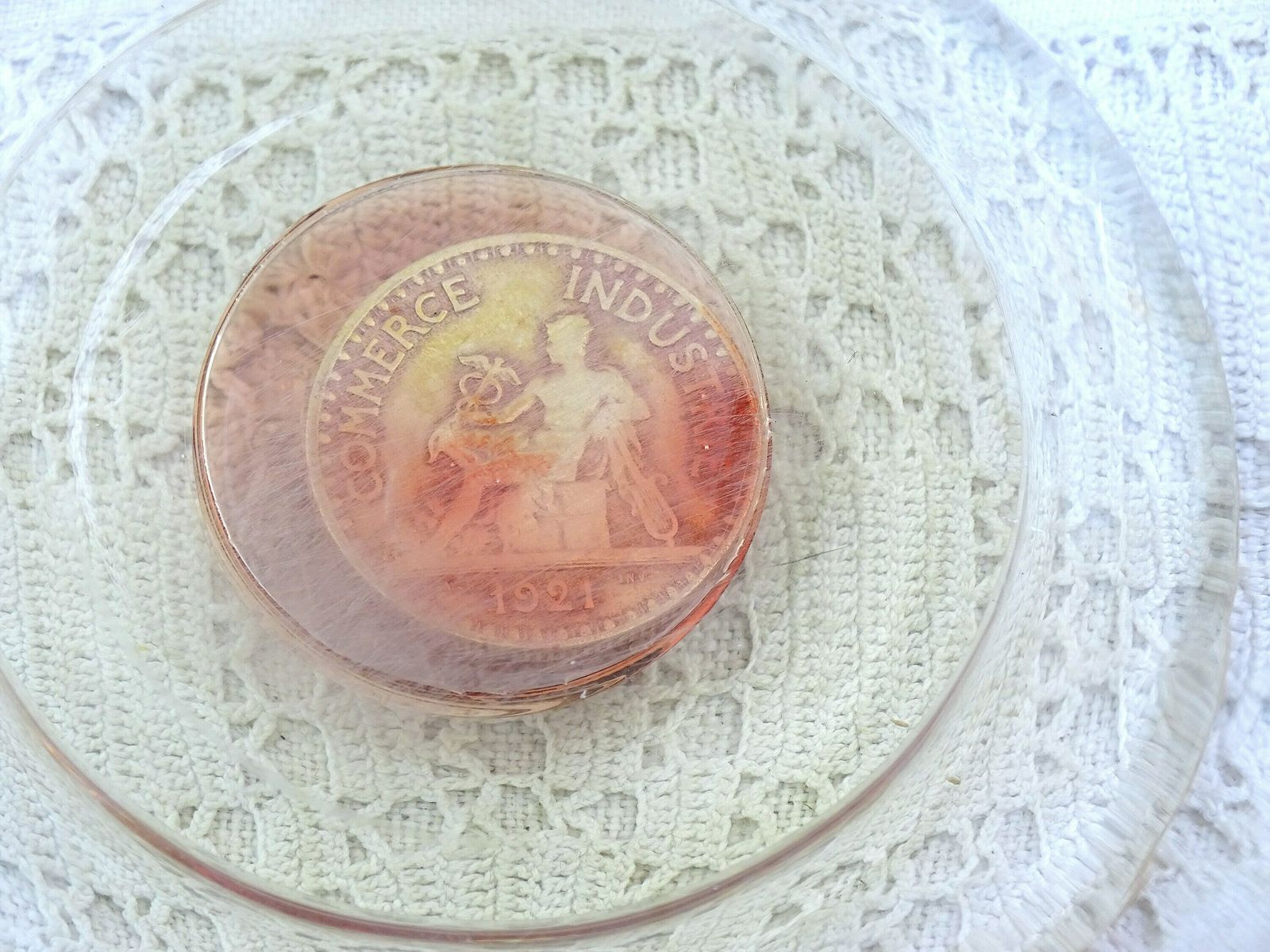 Vintage French Hand Blown Crystal Glass Footed Bowl With Collectible 2 Franc 1922 Commerce Et Industrie Coin Encased In The Base photo furniture