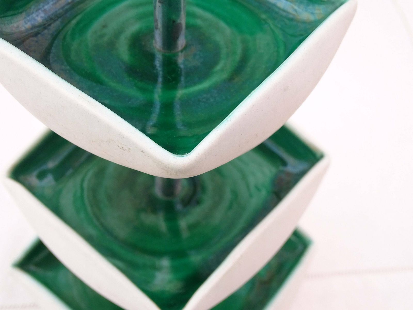 Vintage French Mid Century Modern Pottery Tiered Cocktail Bowls In Green And White, Retro 1960s Pillared Stand For Aperitif, Jewelry Dish photo 69.0