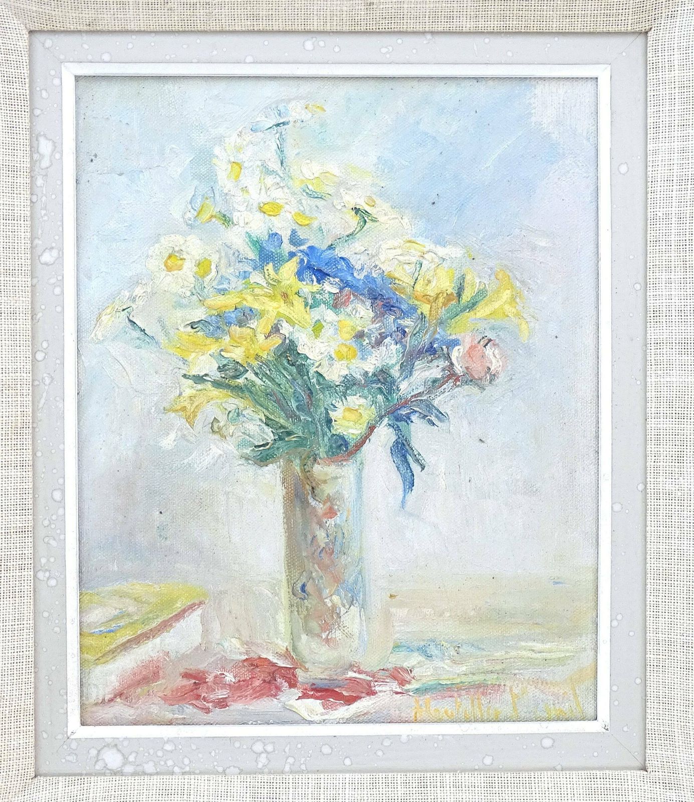 Vintage Frans ingelijst handgeschilderd olieverf op doek – bloemenstilleven met gele bloemen in een vaas, wanddecoratie photo for sale