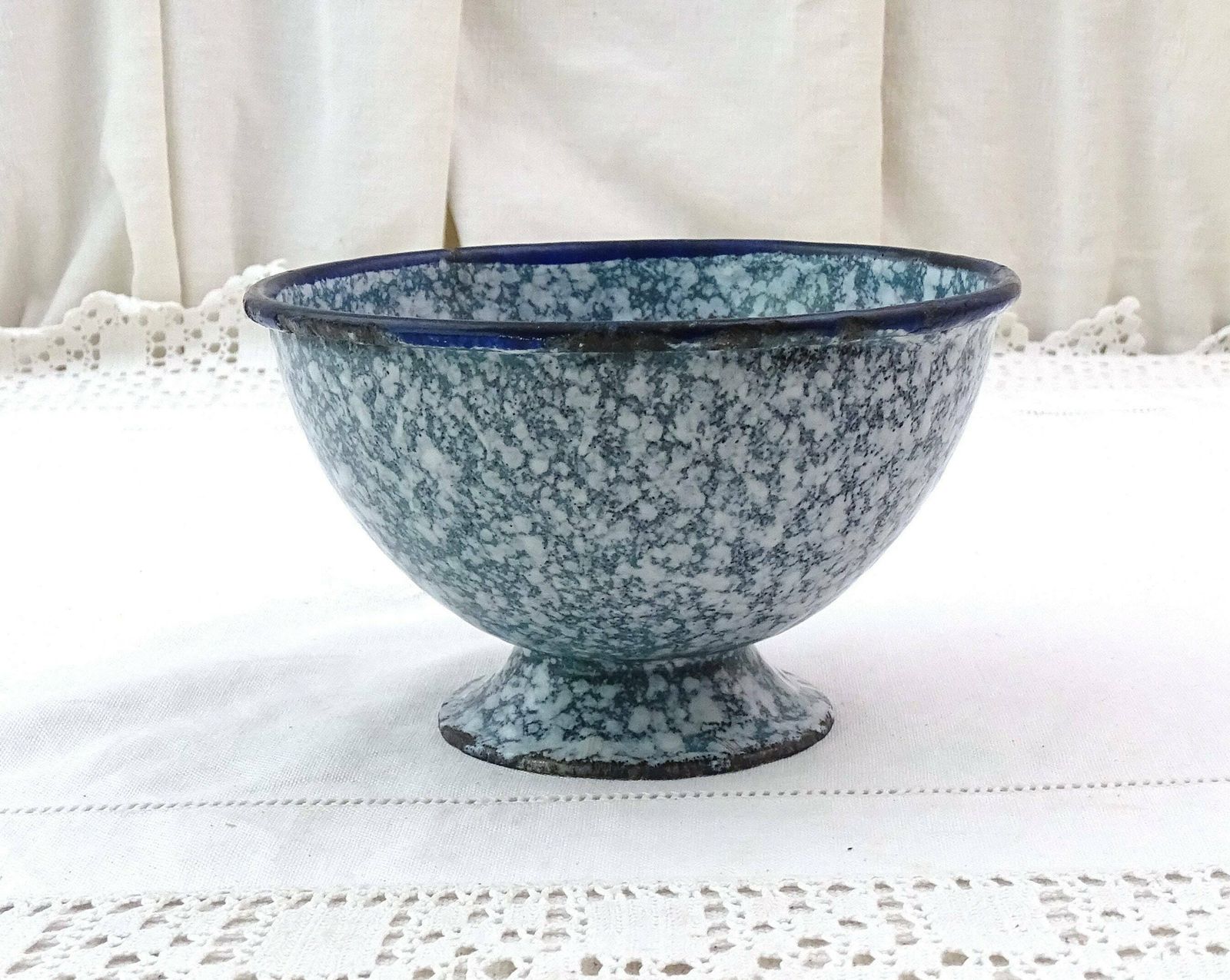 Antique French Blue Gray Graniteware Enamel Footed Coffee Bowl, Vintage Farmhouse Enameled Metal Breakfast Cafe Au Lait Bowl From France photo Home Decor
