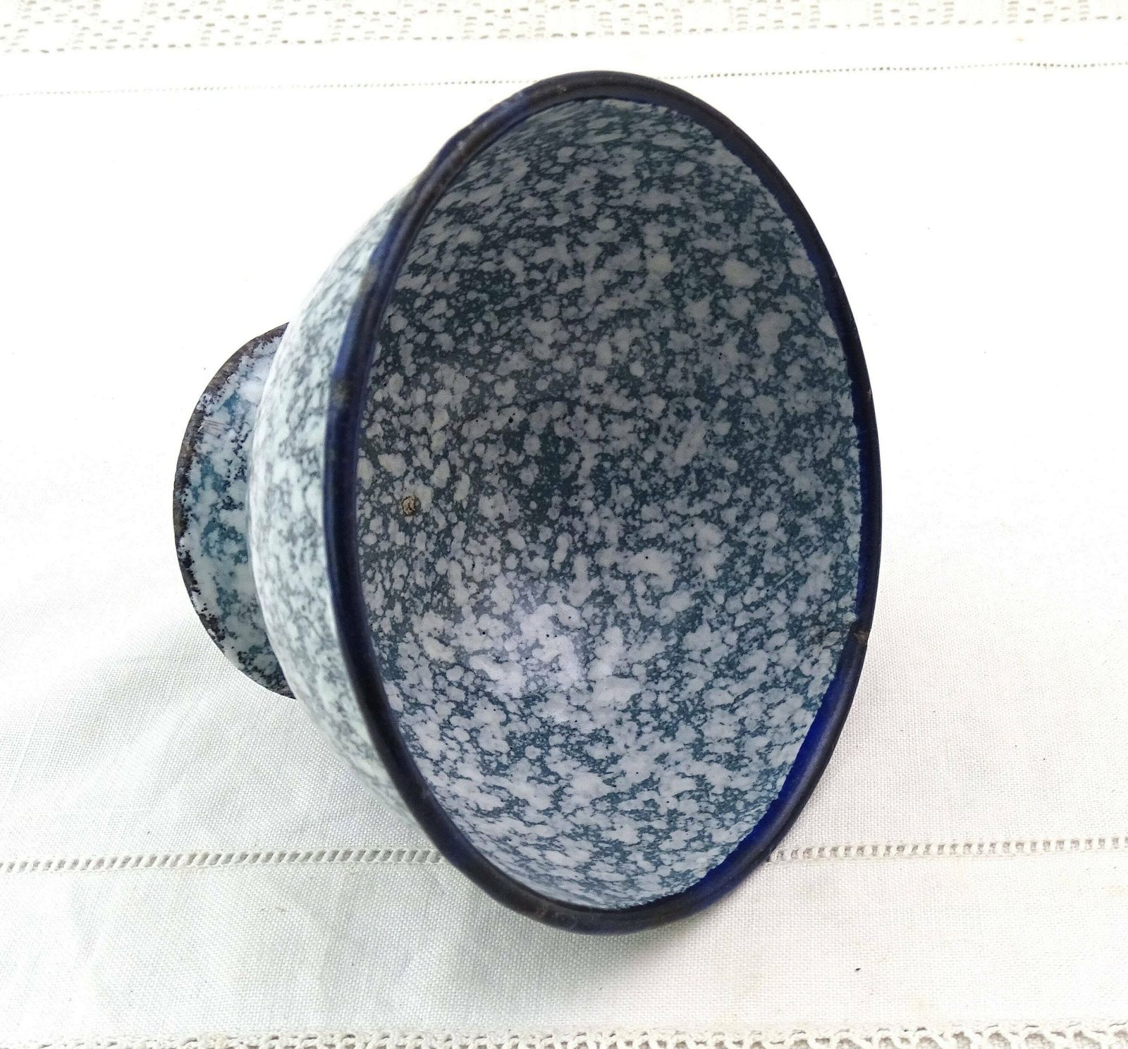 Antique French Blue Gray Graniteware Enamel Footed Coffee Bowl, Vintage Farmhouse Enameled Metal Breakfast Cafe Au Lait Bowl From France photo 79.0