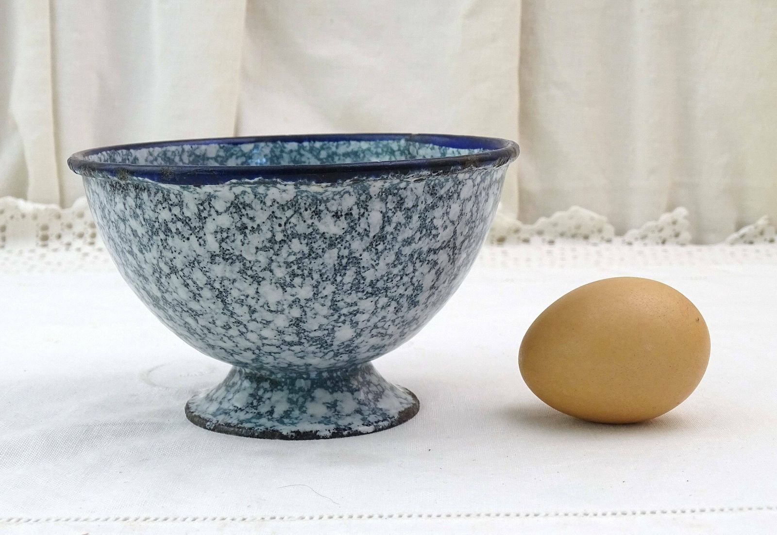 Antique French Blue Gray Graniteware Enamel Footed Coffee Bowl, Vintage Farmhouse Enameled Metal Breakfast Cafe Au Lait Bowl From France photo buy