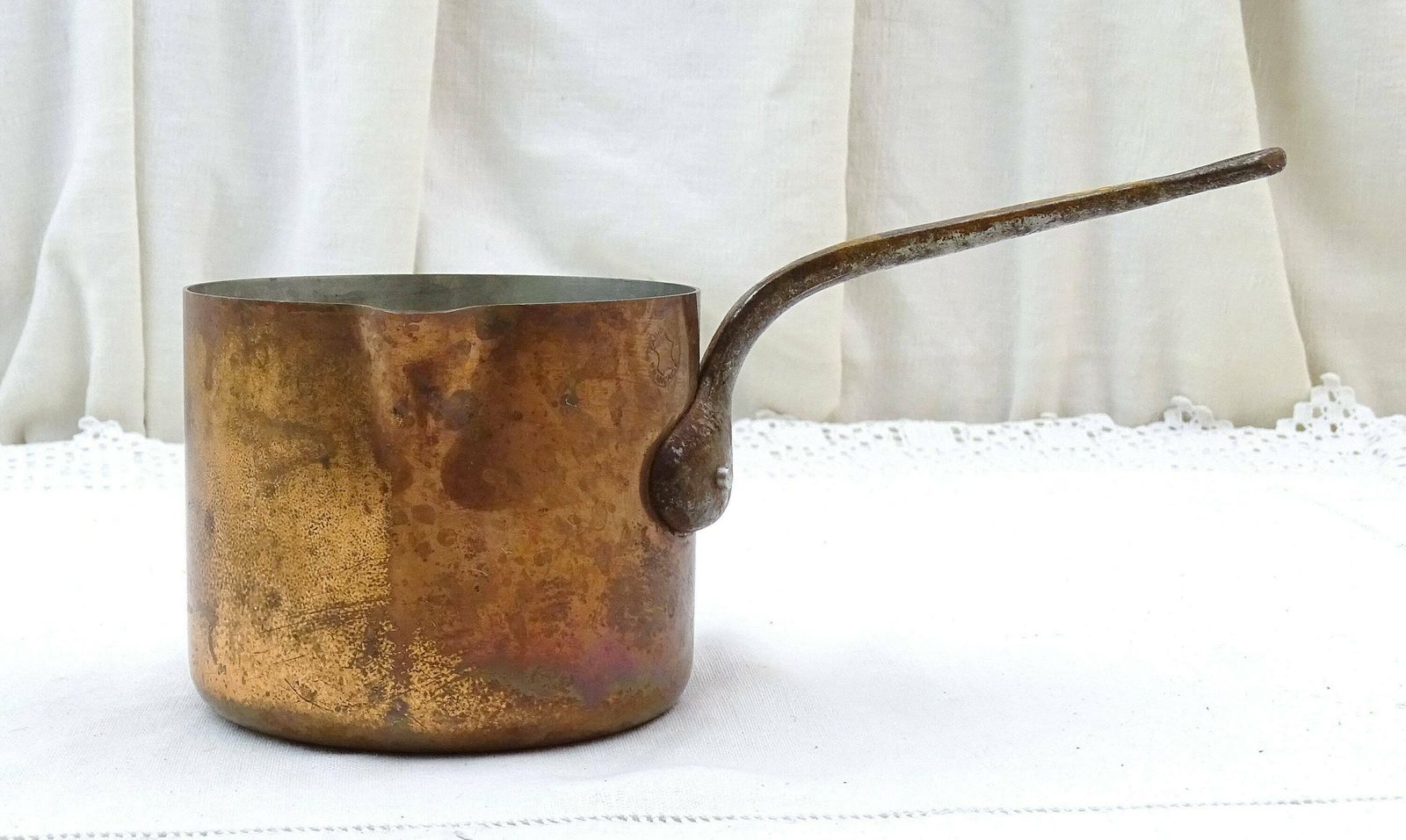 Small Vintage French Tin Lined Copper Cooking Pan Stamped Made In France With Cast Iron Handle, Kitchen Decor France, Chefs Cooking Gift photo furniture