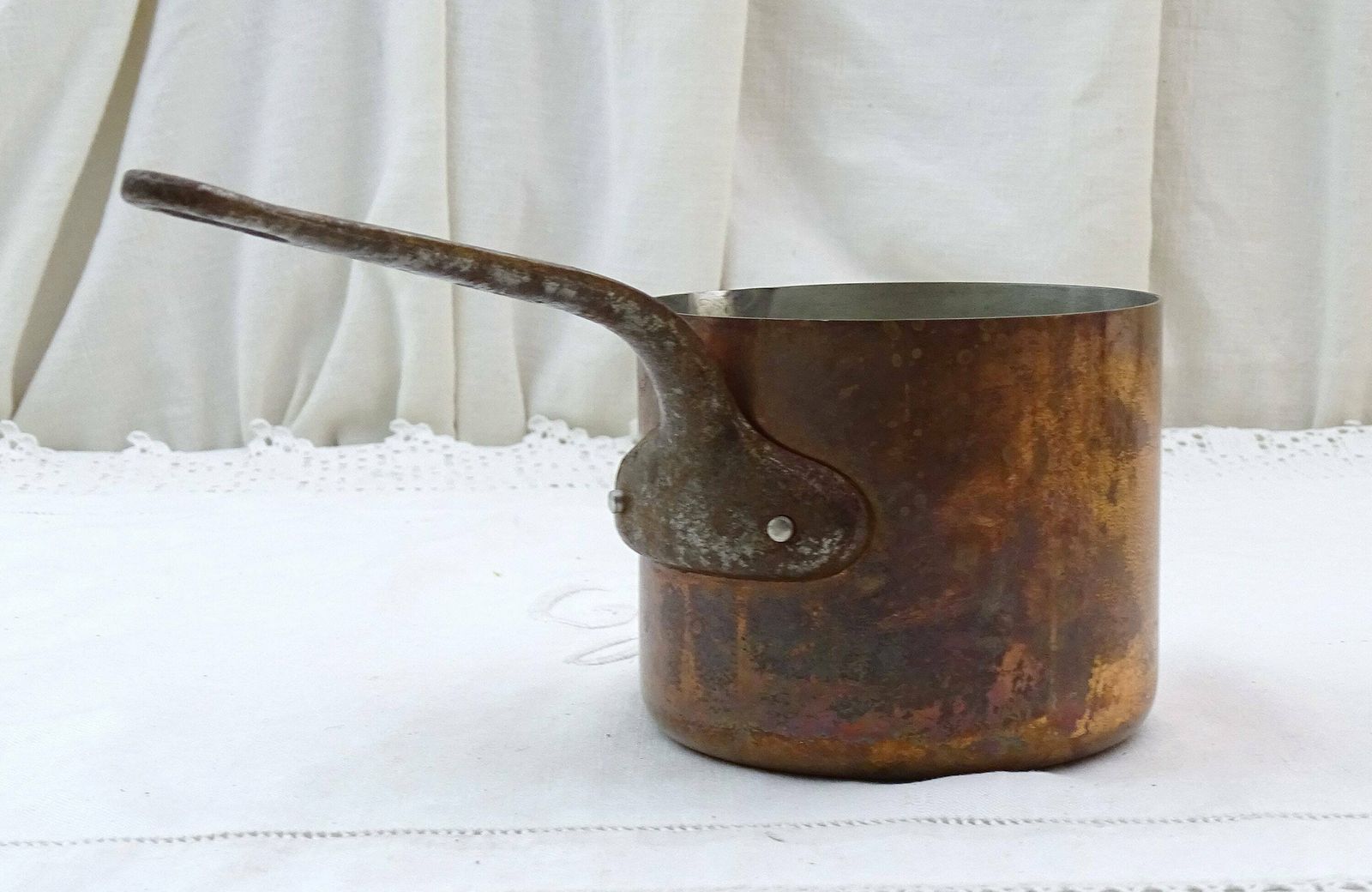 Small Vintage French Tin Lined Copper Cooking Pan Stamped Made In France With Cast Iron Handle, Kitchen Decor France, Chefs Cooking Gift photo Home Decor