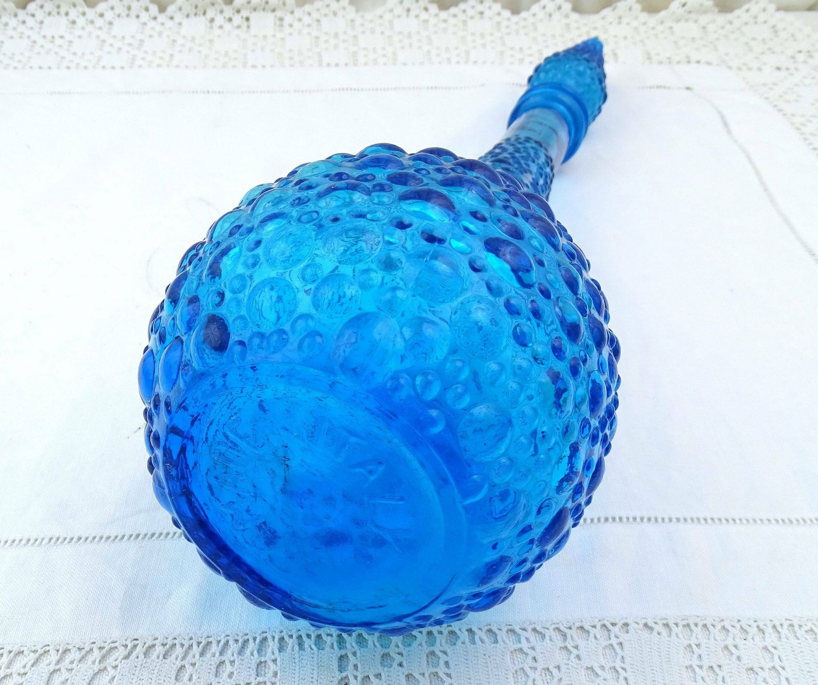 Grote vintage blauwe glazen fles in Empoli-stijl, mid-century, jaren 1960, met stop – Europees glaswerk photo 146.0