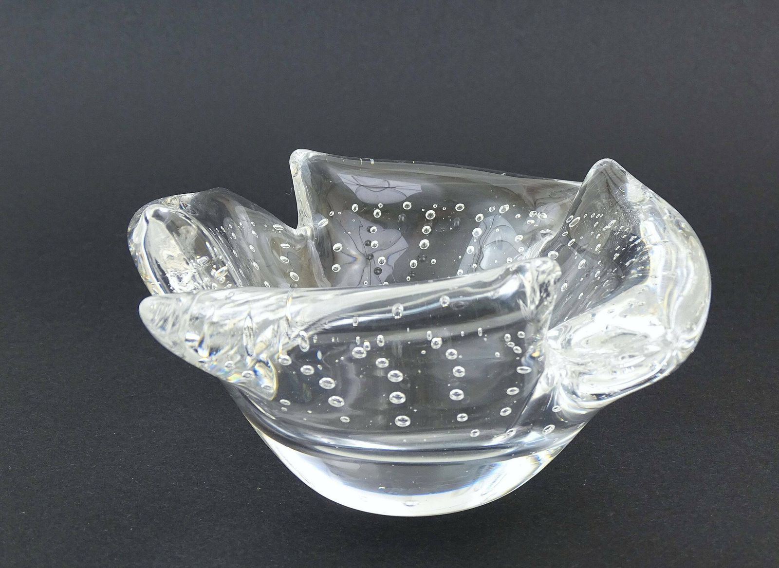 Large Vintage Mid Century Murano Style Bullicante Thick Art Glass Cigar Crystal Ashtray With Encased Air Bubbles, Studio Glass Vide Poche photo buy