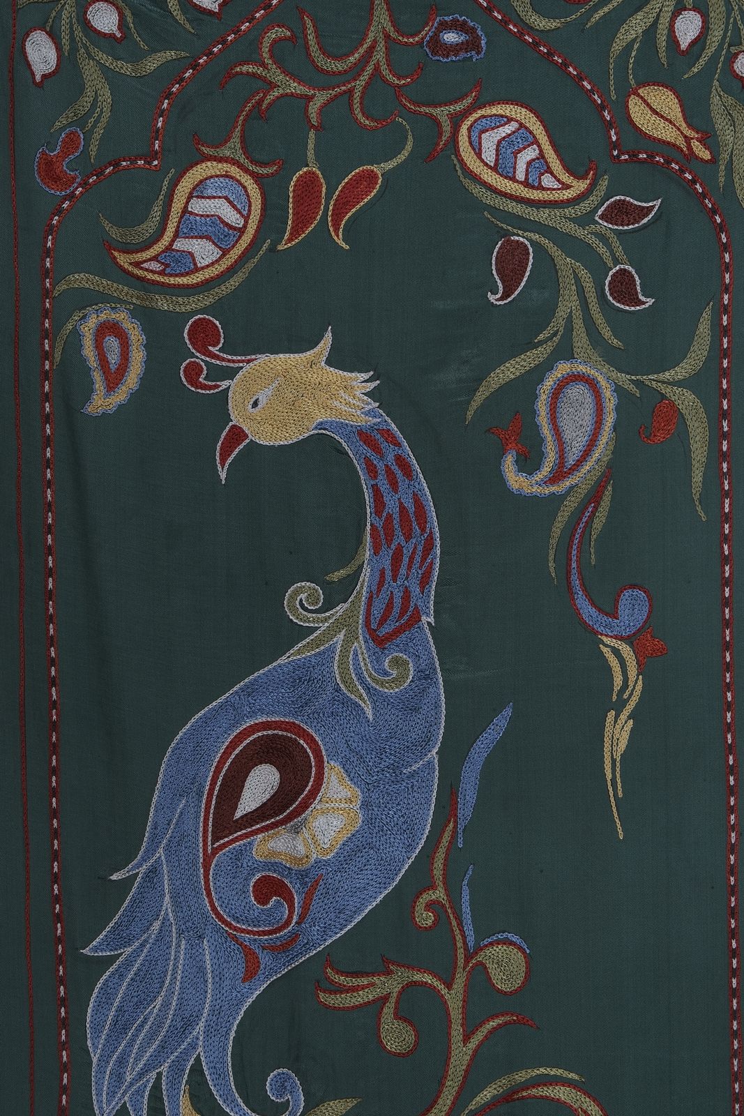 Green Suzani Wall Hanging   Embroidered Peacock Design Textile Art   Silk Cotton Blend Bukhara Runner 1'8'' X 6' photo 250.0
