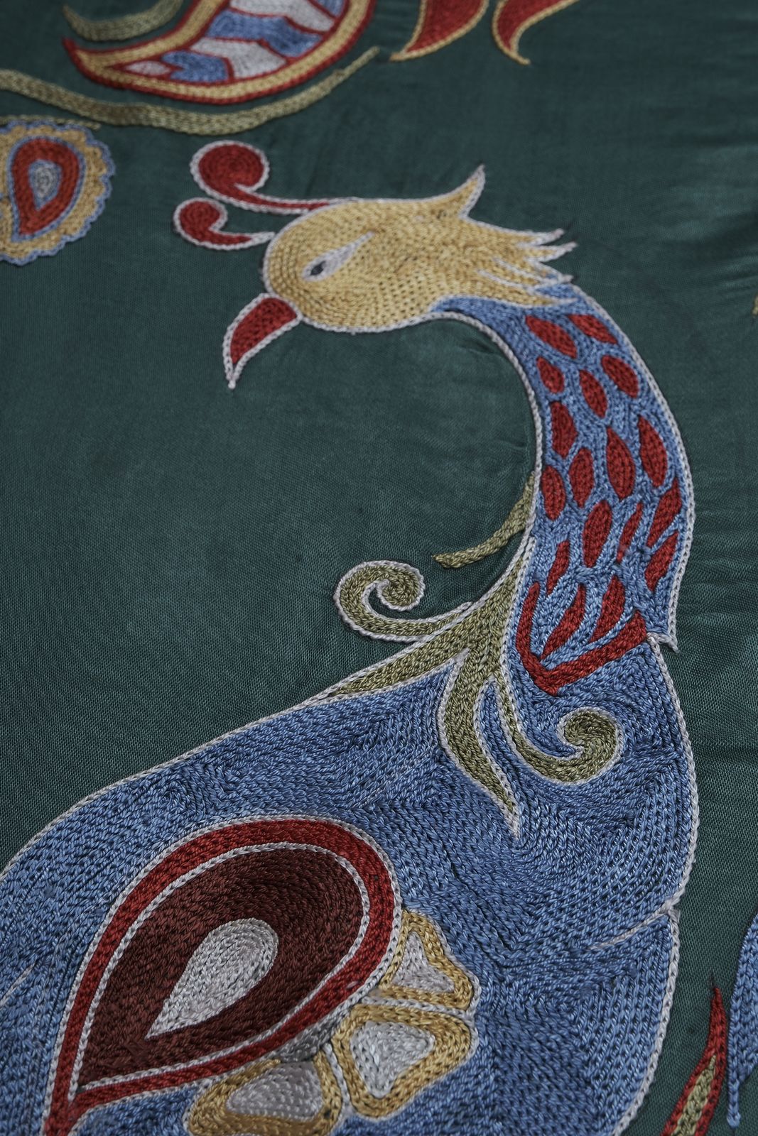 Green Suzani Wall Hanging   Embroidered Peacock Design Textile Art   Silk Cotton Blend Bukhara Runner 1'8'' X 6' photo vinterior