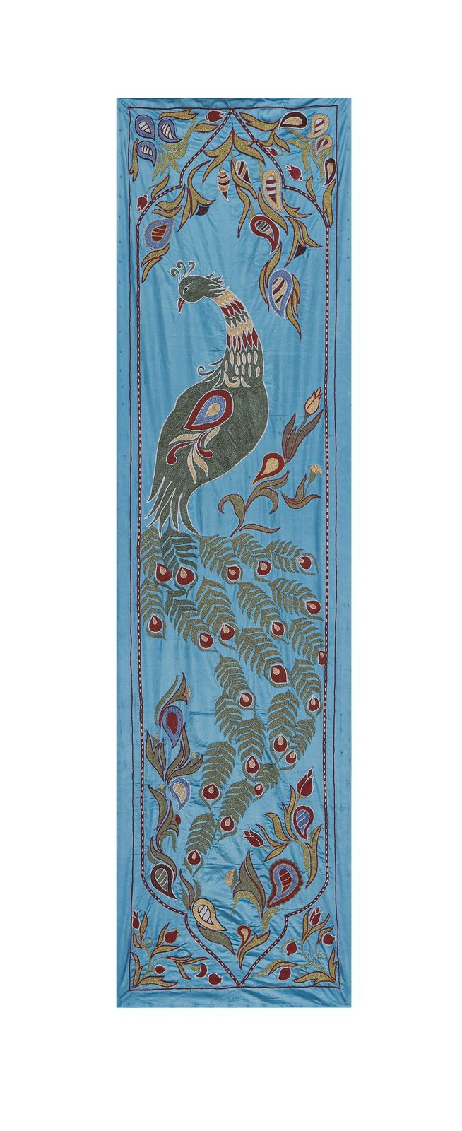Blue Suzani Wall Hanging   Silk Peacock And Pictorial Embroidered Decorative Textile 1'8'' X 6'1''