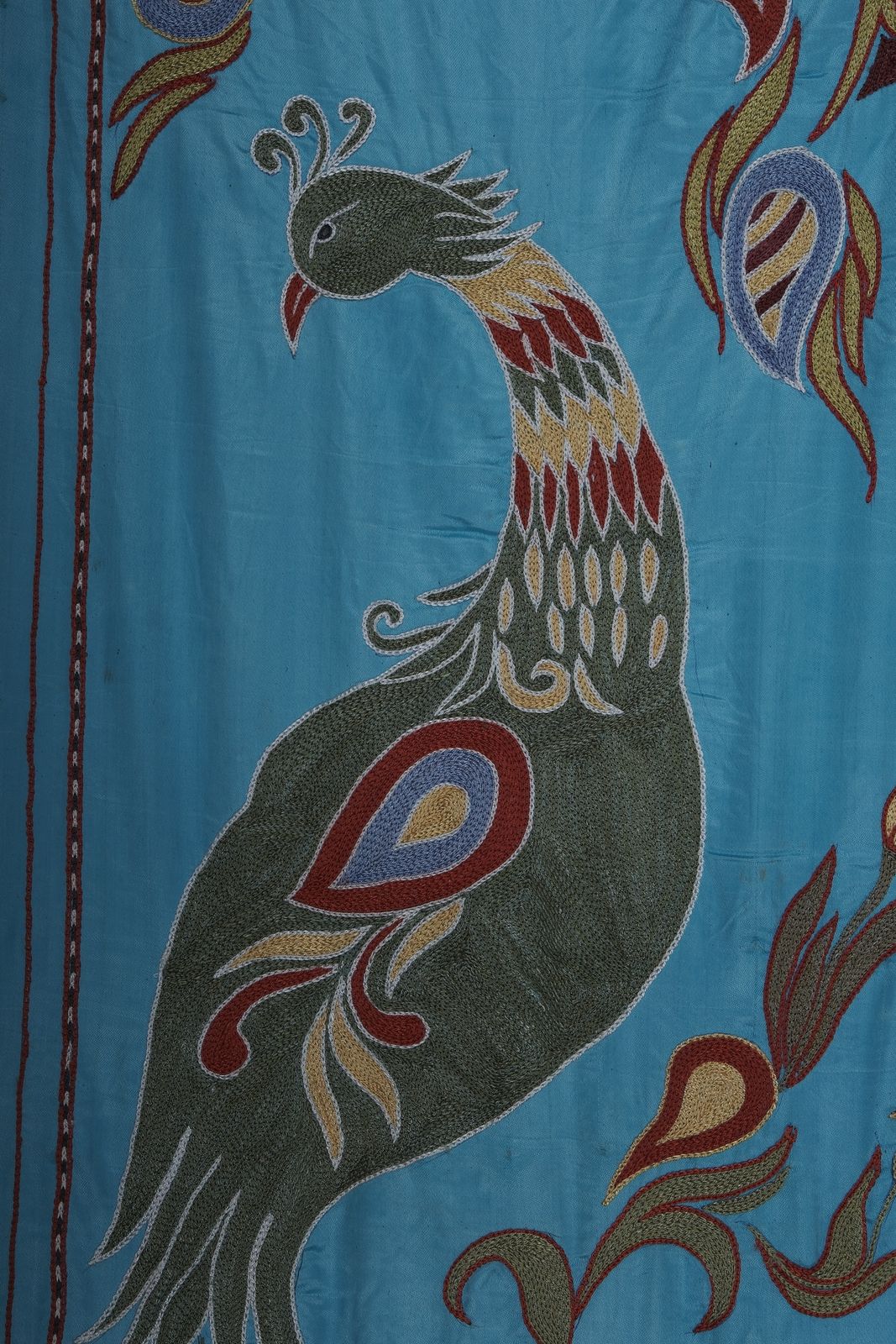 Blue Suzani Wall Hanging   Silk Peacock And Pictorial Embroidered Decorative Textile 1'8'' X 6'1'' photo 250.0