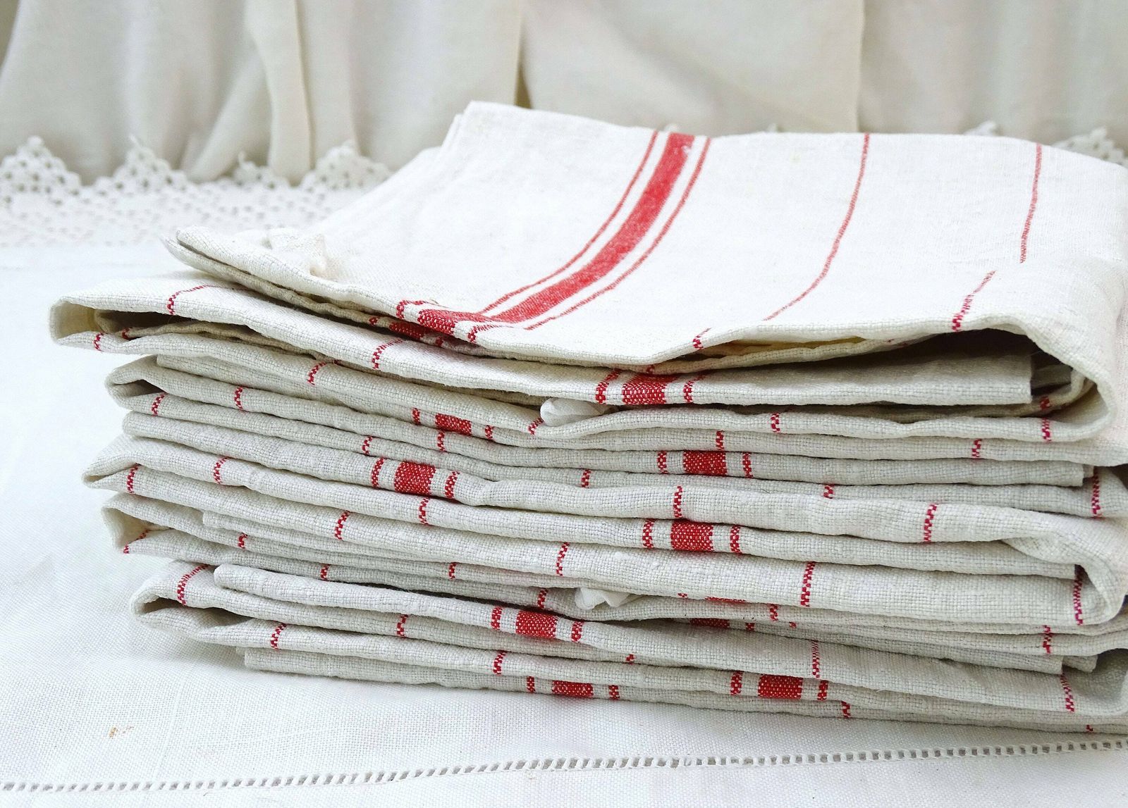 Set Of 6 Vintage French Traditional Cotton Tea Towels With Red Banding And Monogram, Retro Country Cottage Farmhouse Kitchen Cloth France photo Home Decor