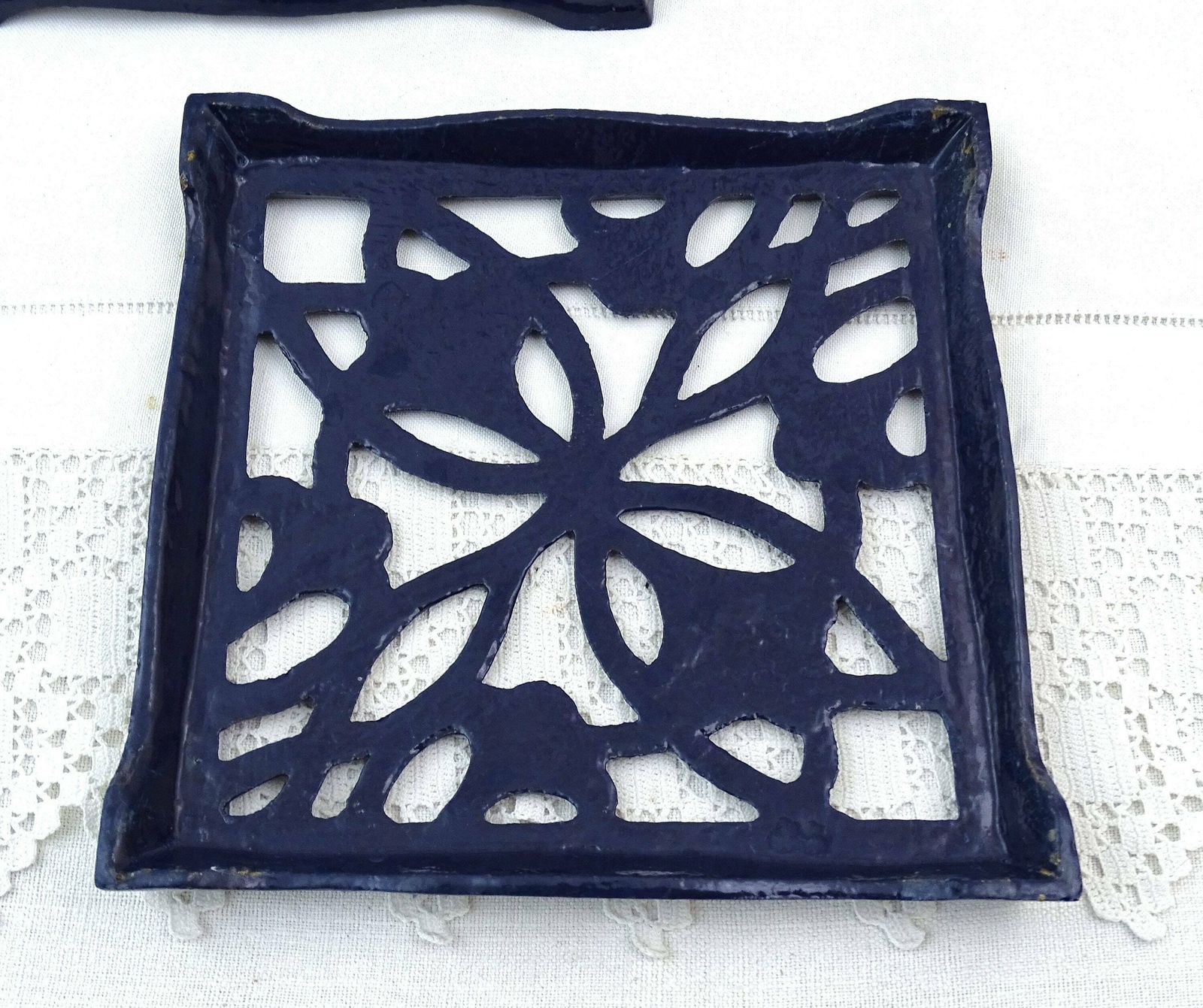 Pair Of Matching Vintage French Dark Blue Enamelware Square Kitchen Trivets, 2 Of The Same Heat Mats Made Of Enameled Cast Iron Metal France photo buy