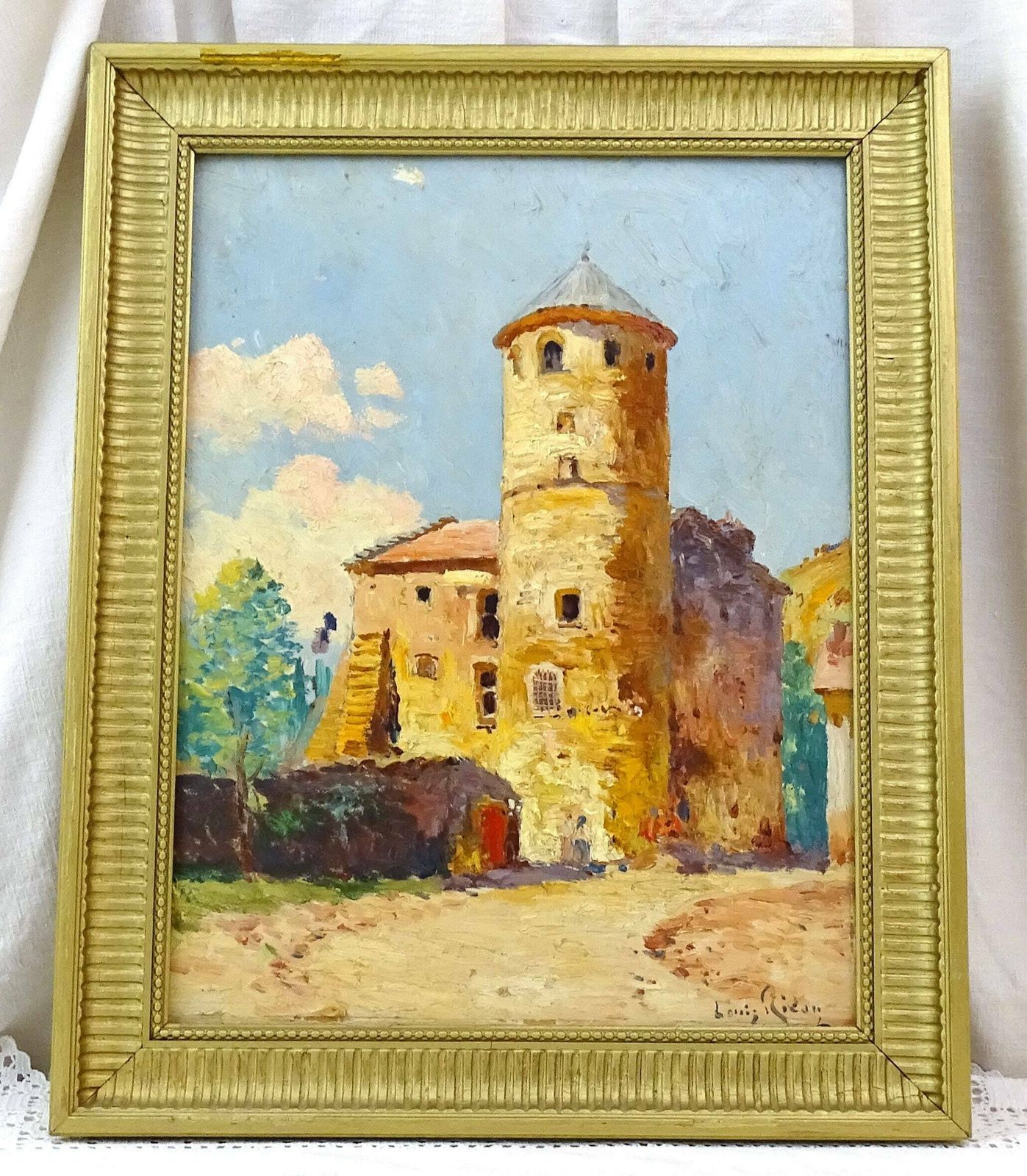 Vintage Olieverfschilderij Op Paneel Van Een Stenen Kasteltoren, Door De Franse Kunstenaar Louis Ricon – Impressionistisch Landschapstafereel Uit Frankrijk photo Kunst