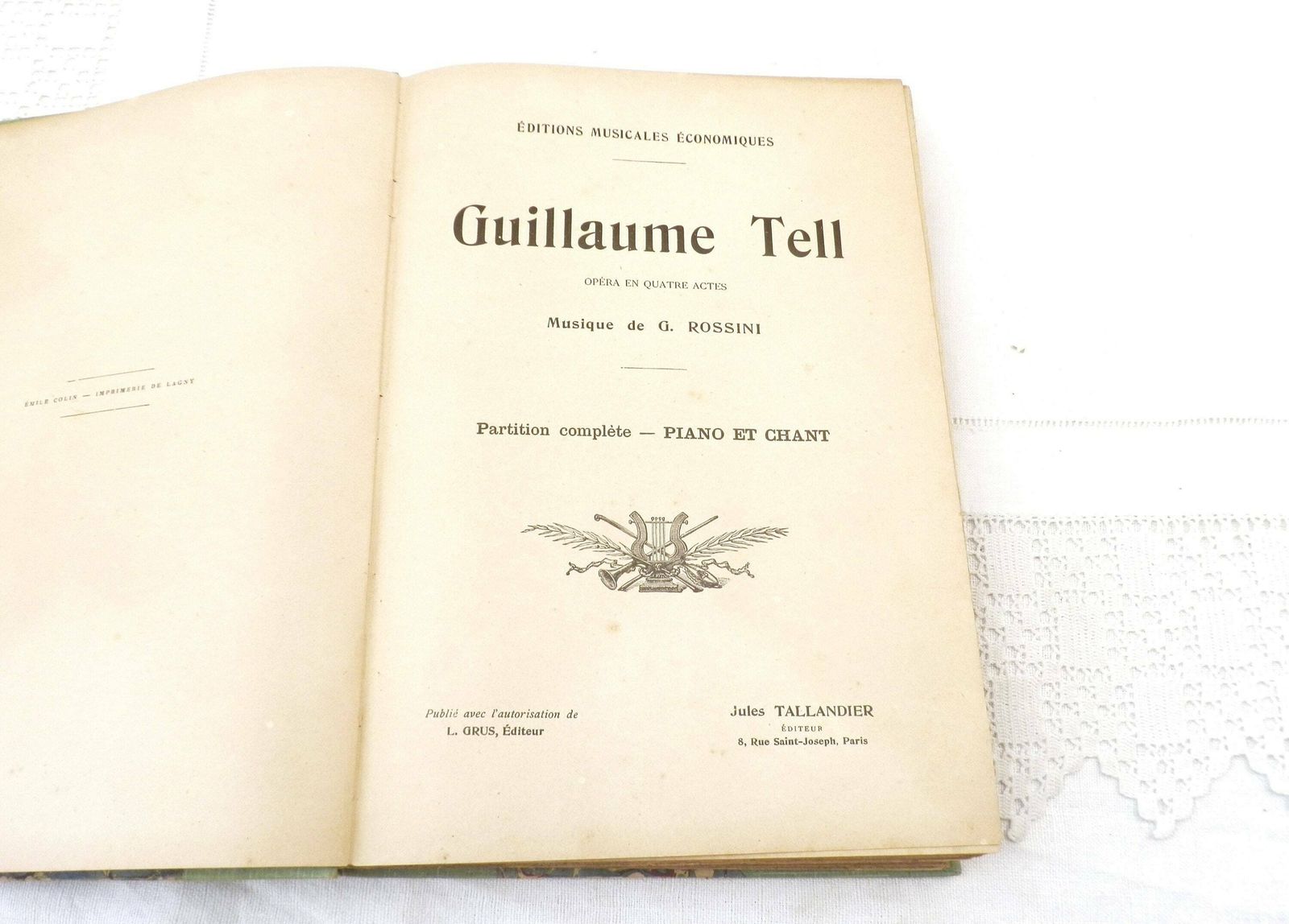 Antiek Ingebonden Muziekboek Van De Franse Opera William Tell Door Gioachino Rossini – Guillaume Tell, Gebonden Partituur Uit Frankrijk