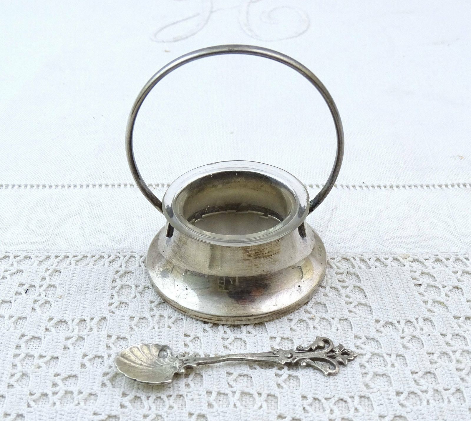 Small Antique French Condiment Serving Bowl With Sterling Silver Spoon, Retro Classy Tableware From France, Vintage Salt Mustard Dish photo furniture