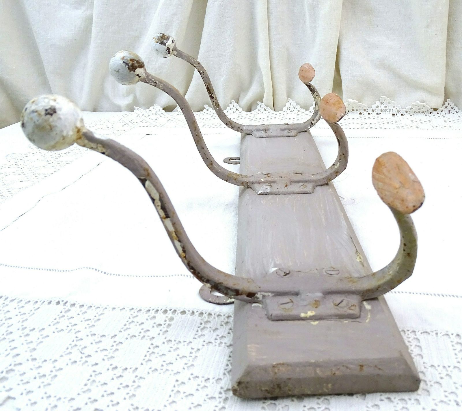 Vintage French 3 Hook Metal Coat And Hat Rack On Wooden Mount In Gray Chalk Paint, Vintage Clothes Hanging Storage Accessory From France photo vintage